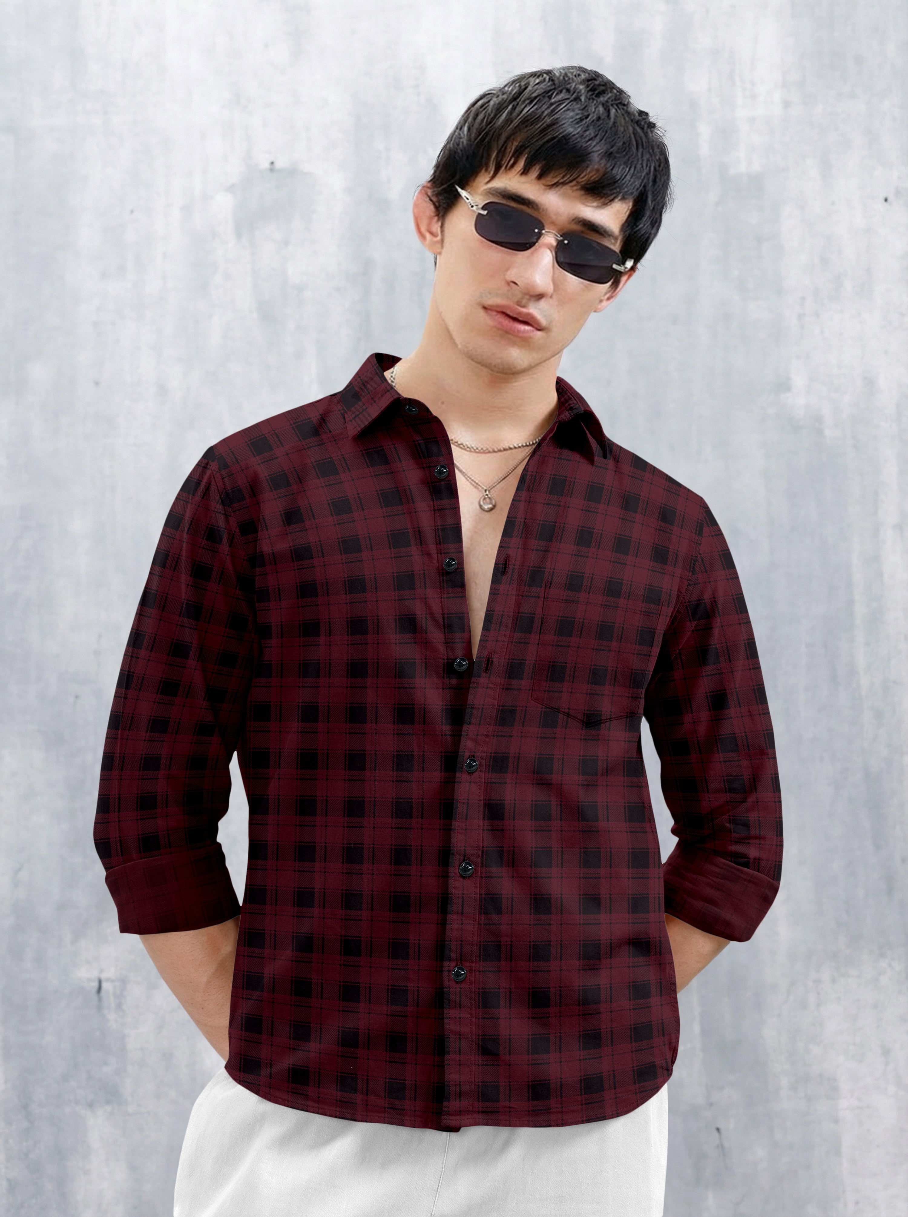 VDLooks Men’s Regular Fit Grey & Black Checked Casual Shirt | Cotton Blend Full Sleeve Shirt