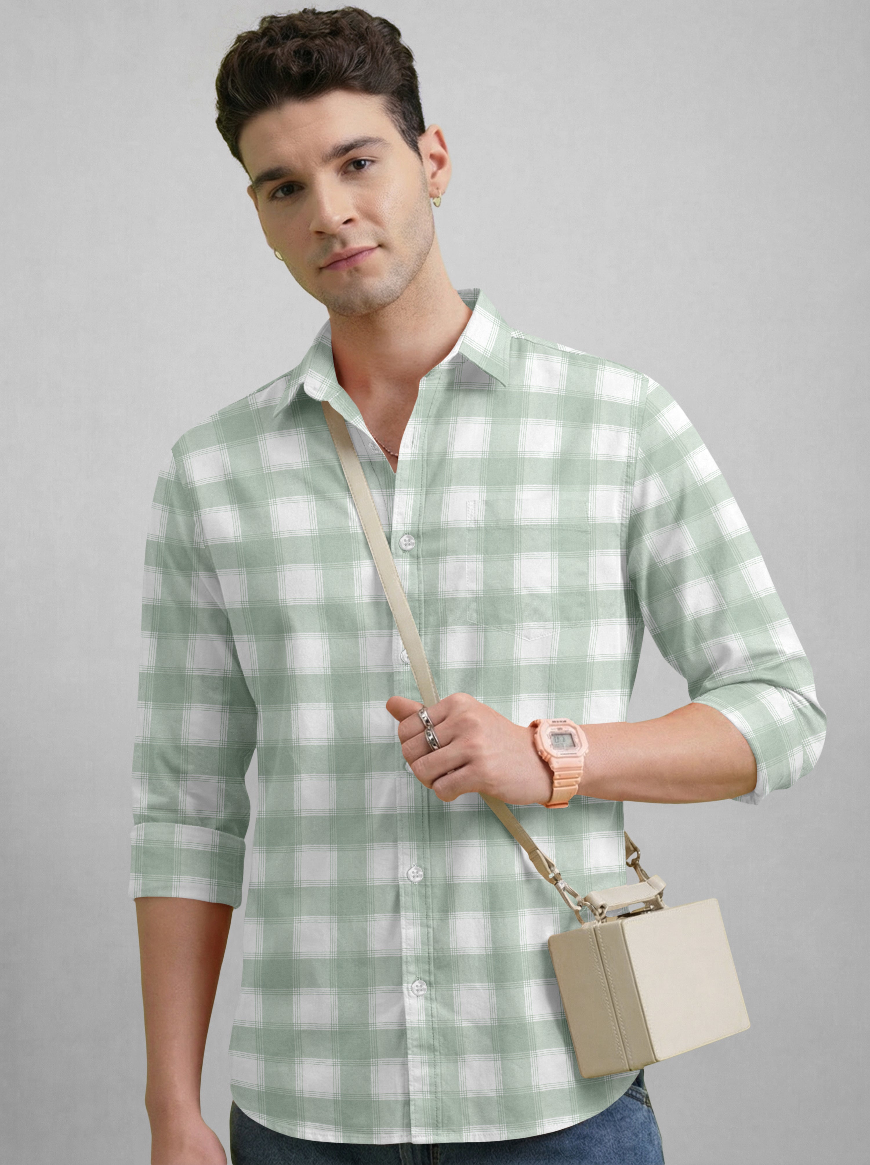 VDLooks Men’s Regular Fit Light Green & White Gingham Check Casual Cotton Blend Shirt