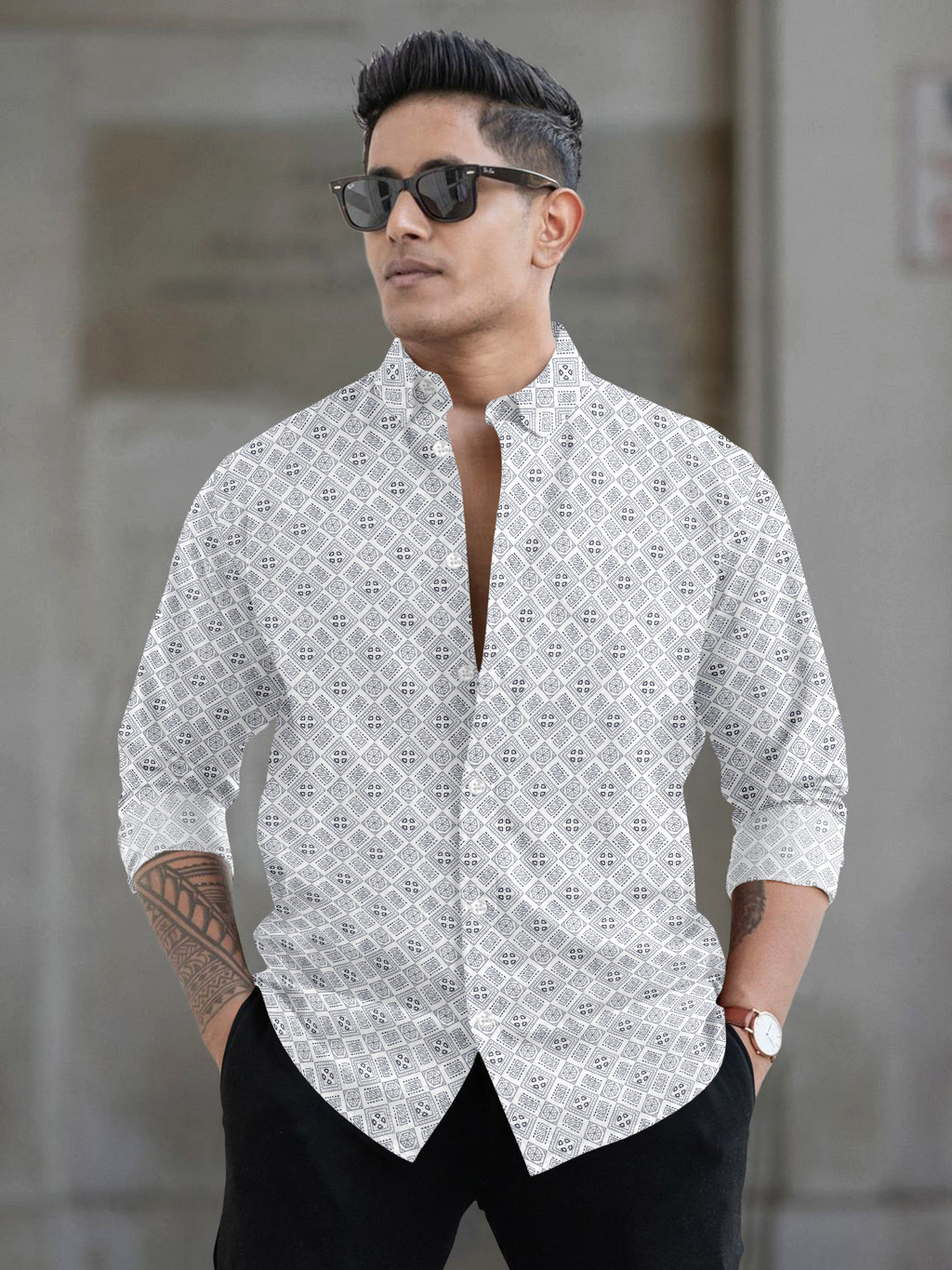 VDLooks Men’s White Regular Fit Cotton Blend Shirt with Micro Geometric Print