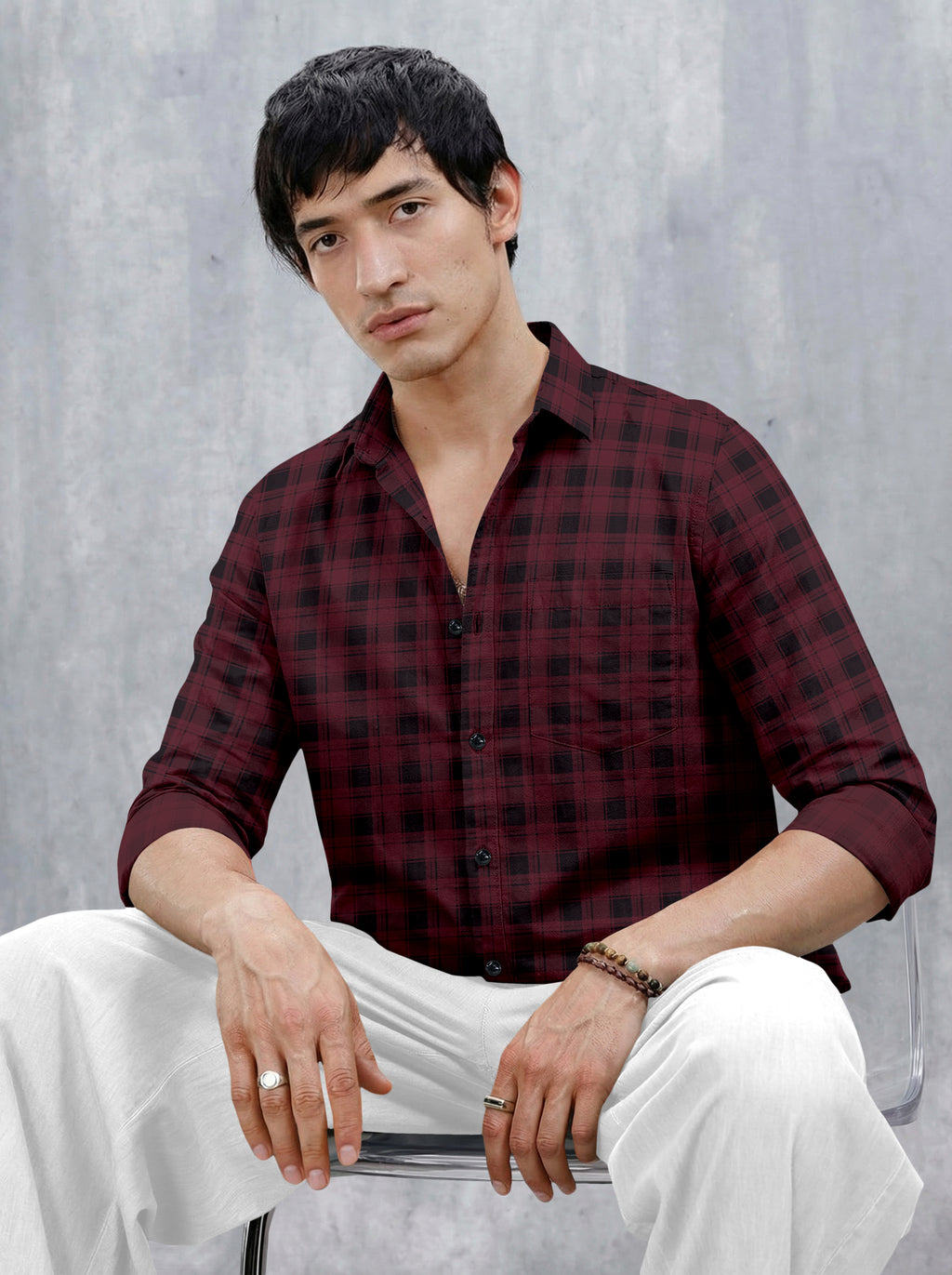 VDLooks Men’s Regular Fit Grey & Black Checked Casual Shirt | Cotton Blend Full Sleeve Shirt