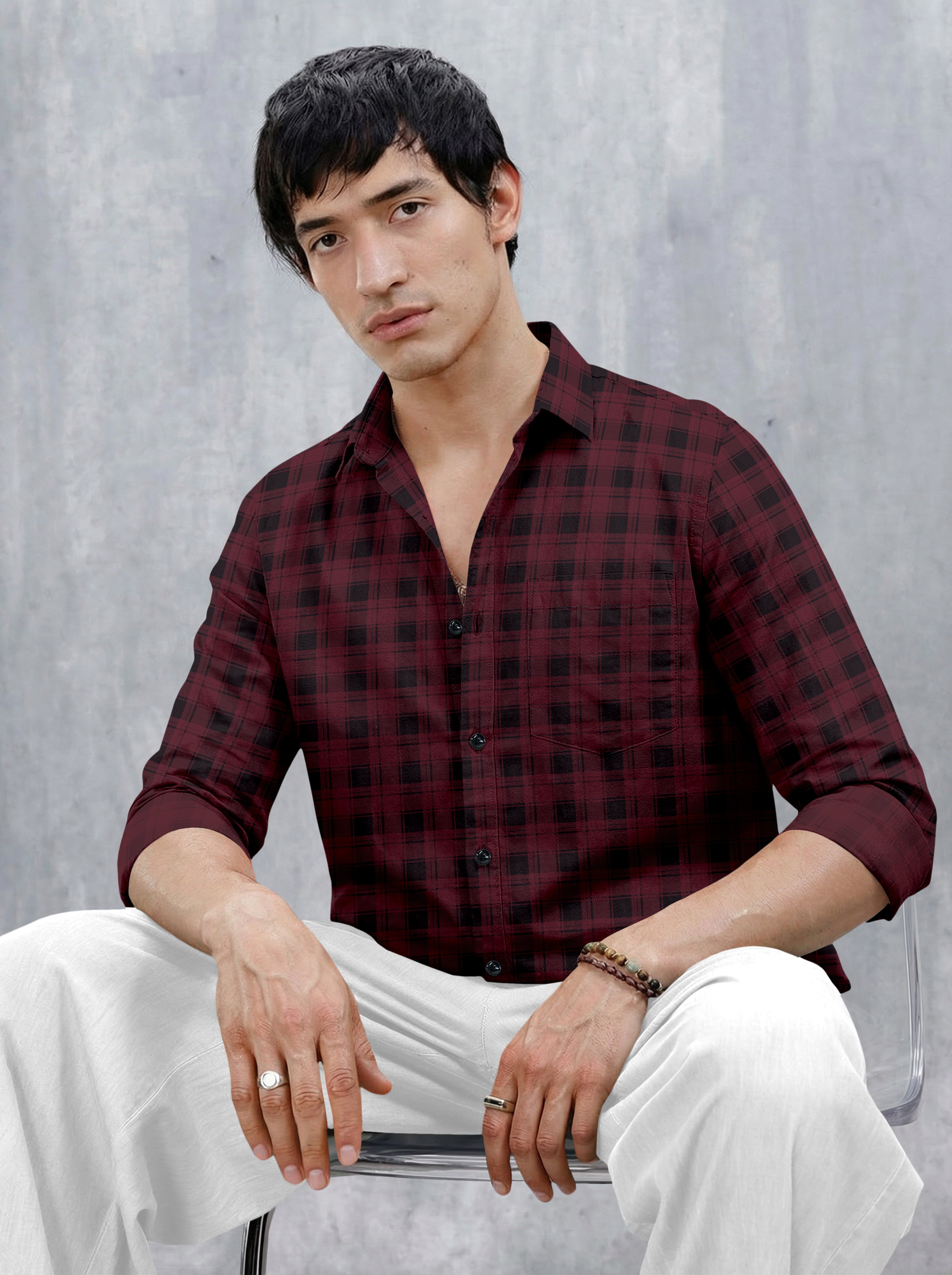 VDLooks Men’s Regular Fit Grey & Black Checked Casual Shirt | Cotton Blend Full Sleeve Shirt