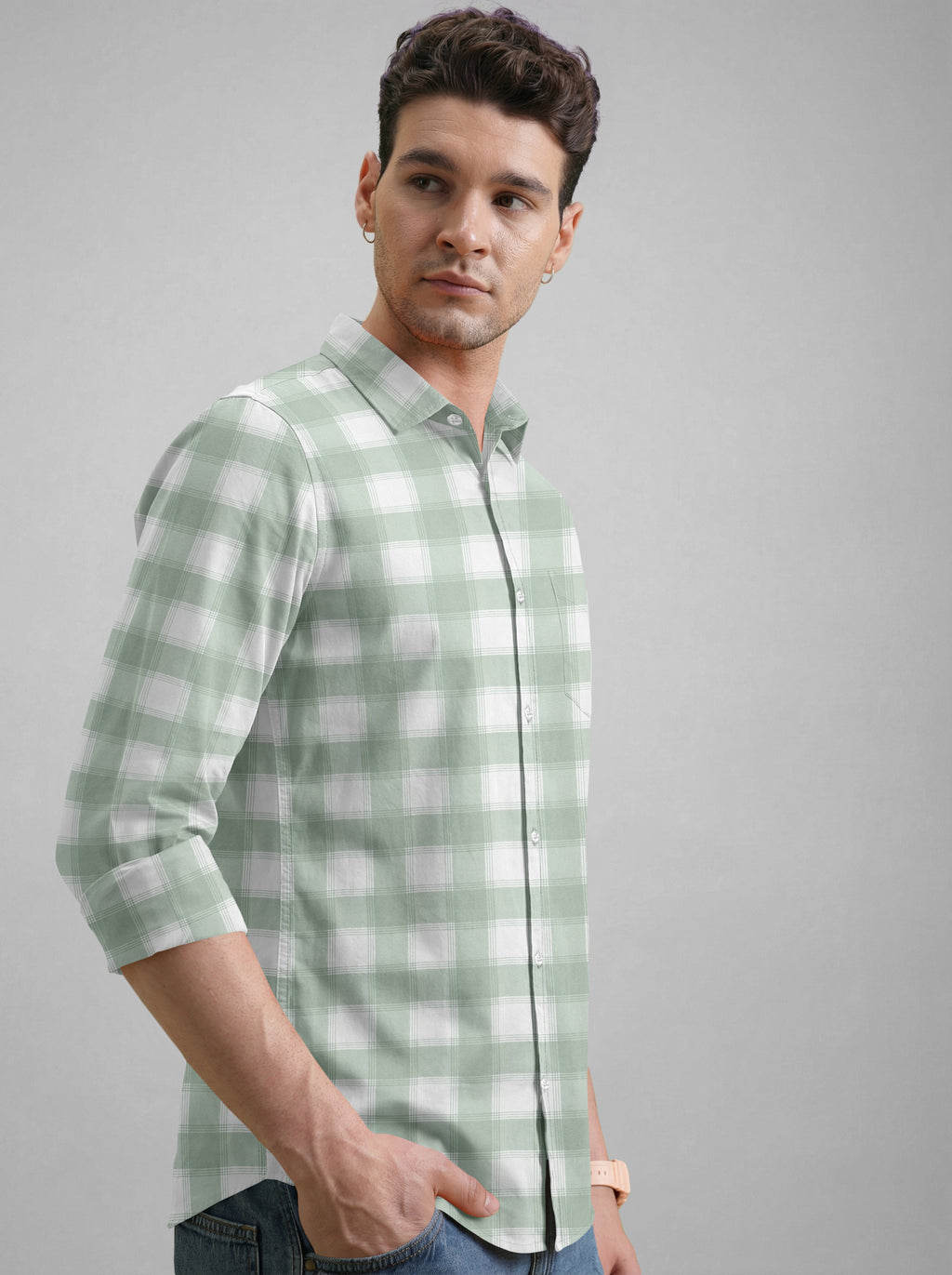 VDLooks Men’s Regular Fit Light Green & White Gingham Check Casual Cotton Blend Shirt