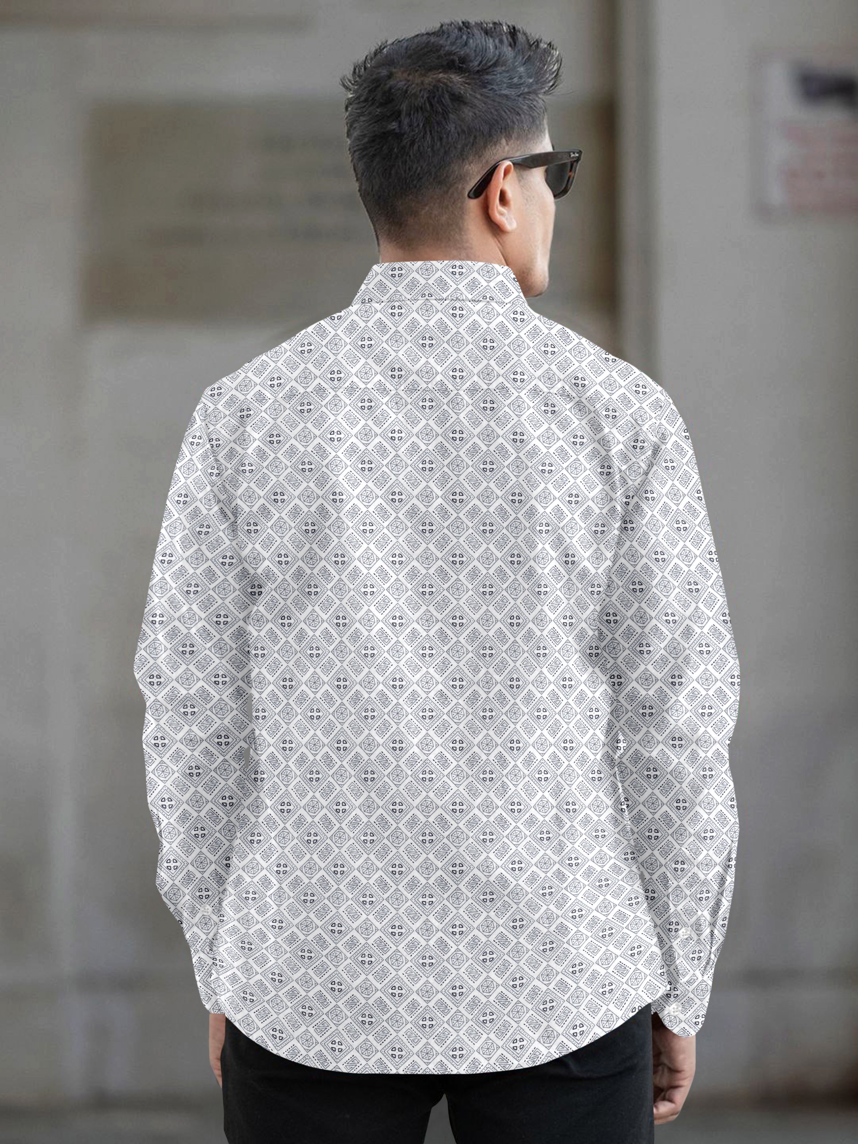 VDLooks Men’s White Regular Fit Cotton Blend Shirt with Micro Geometric Print