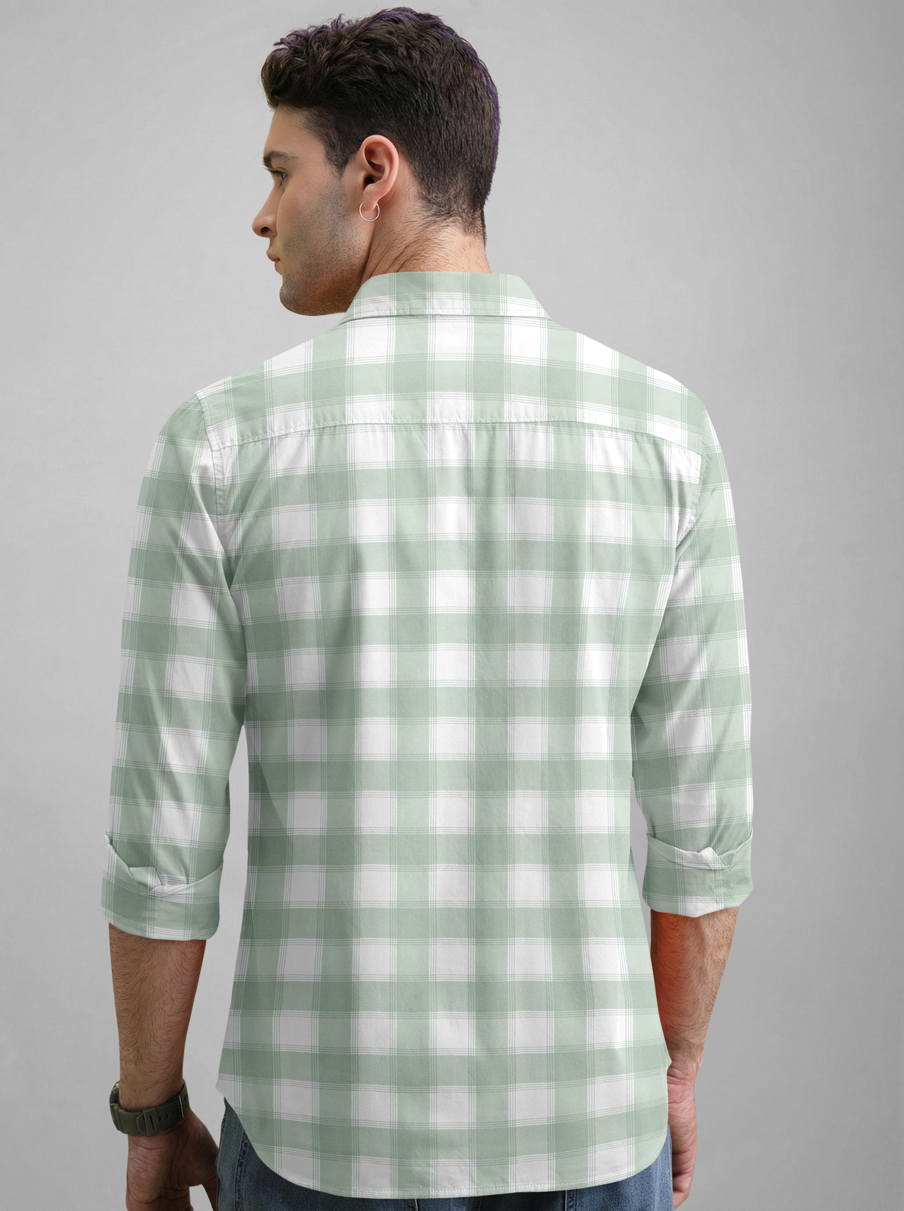 VDLooks Men’s Regular Fit Light Green & White Gingham Check Casual Cotton Blend Shirt