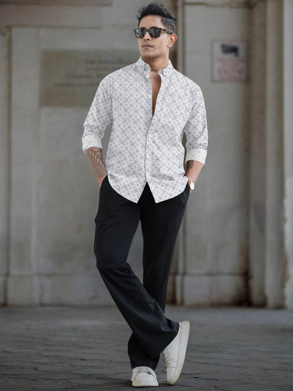 VDLooks Men’s White Regular Fit Cotton Blend Shirt with Micro Geometric Print