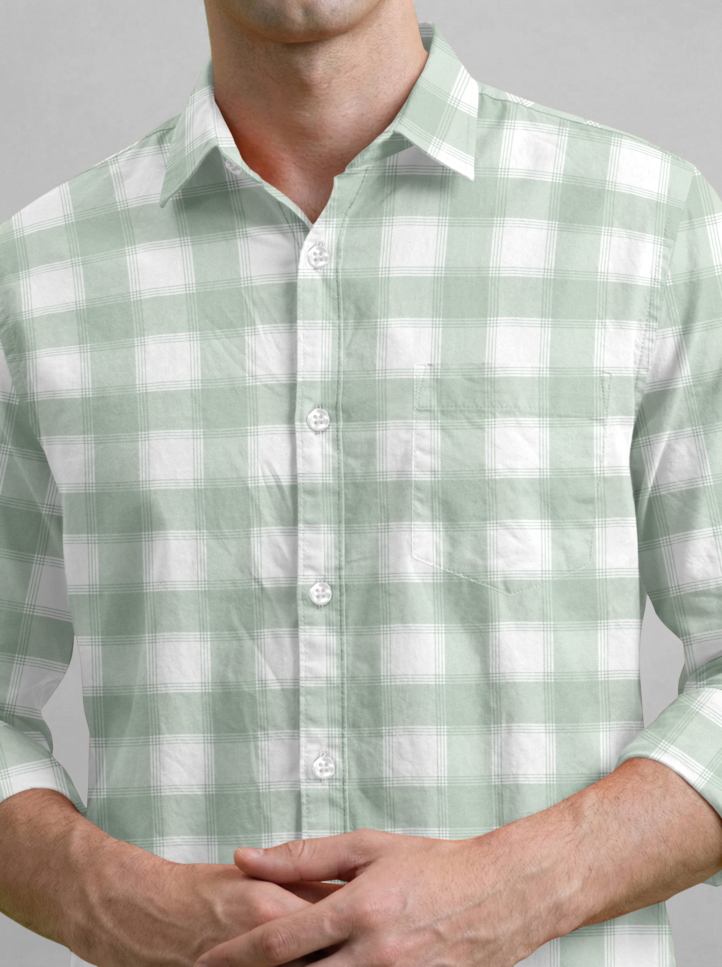 VDLooks Men’s Regular Fit Light Green & White Gingham Check Casual Cotton Blend Shirt