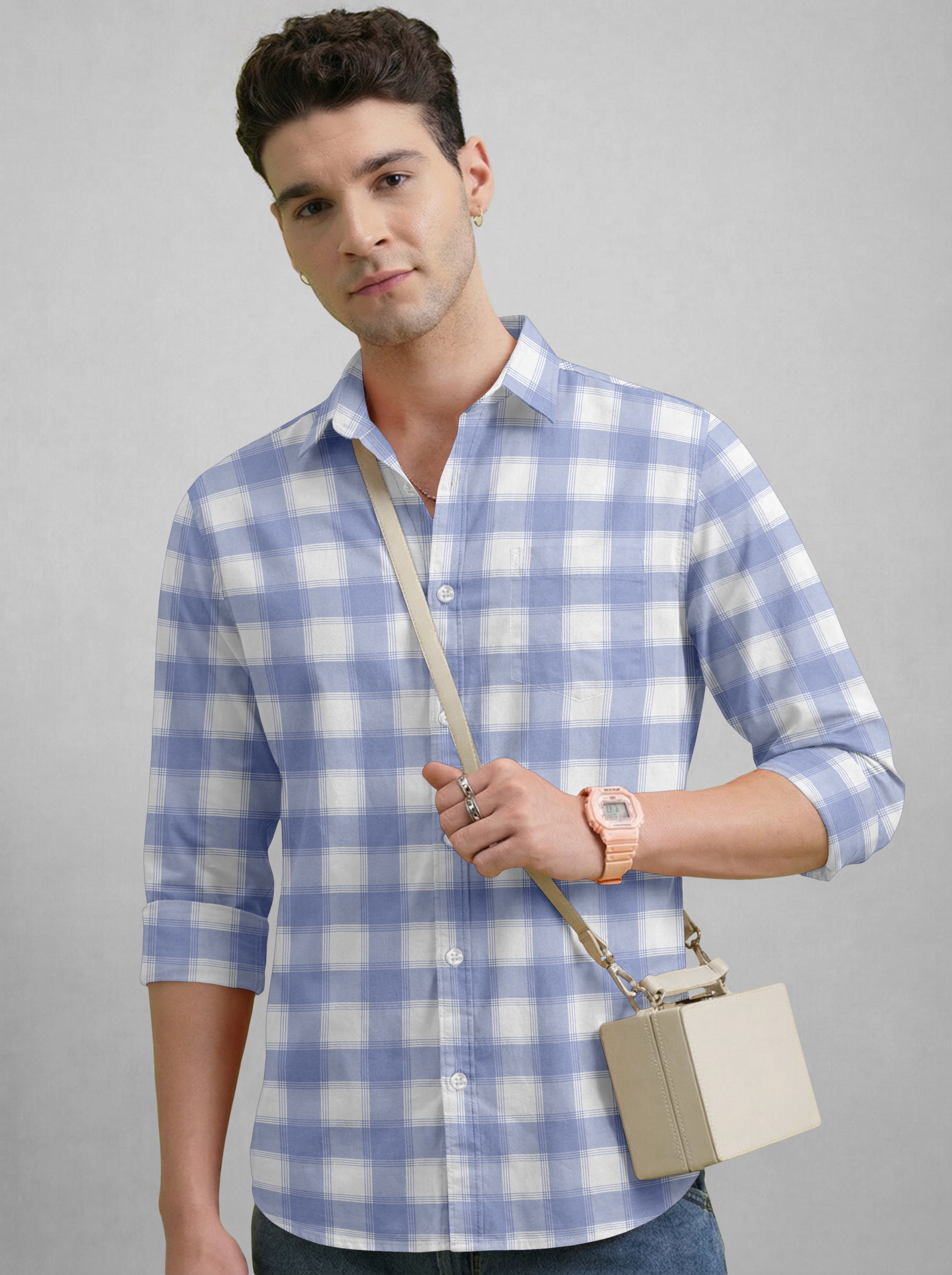 VDLooks Men’s Regular Fit Light Green & White Gingham Check Casual Cotton Blend Shirt