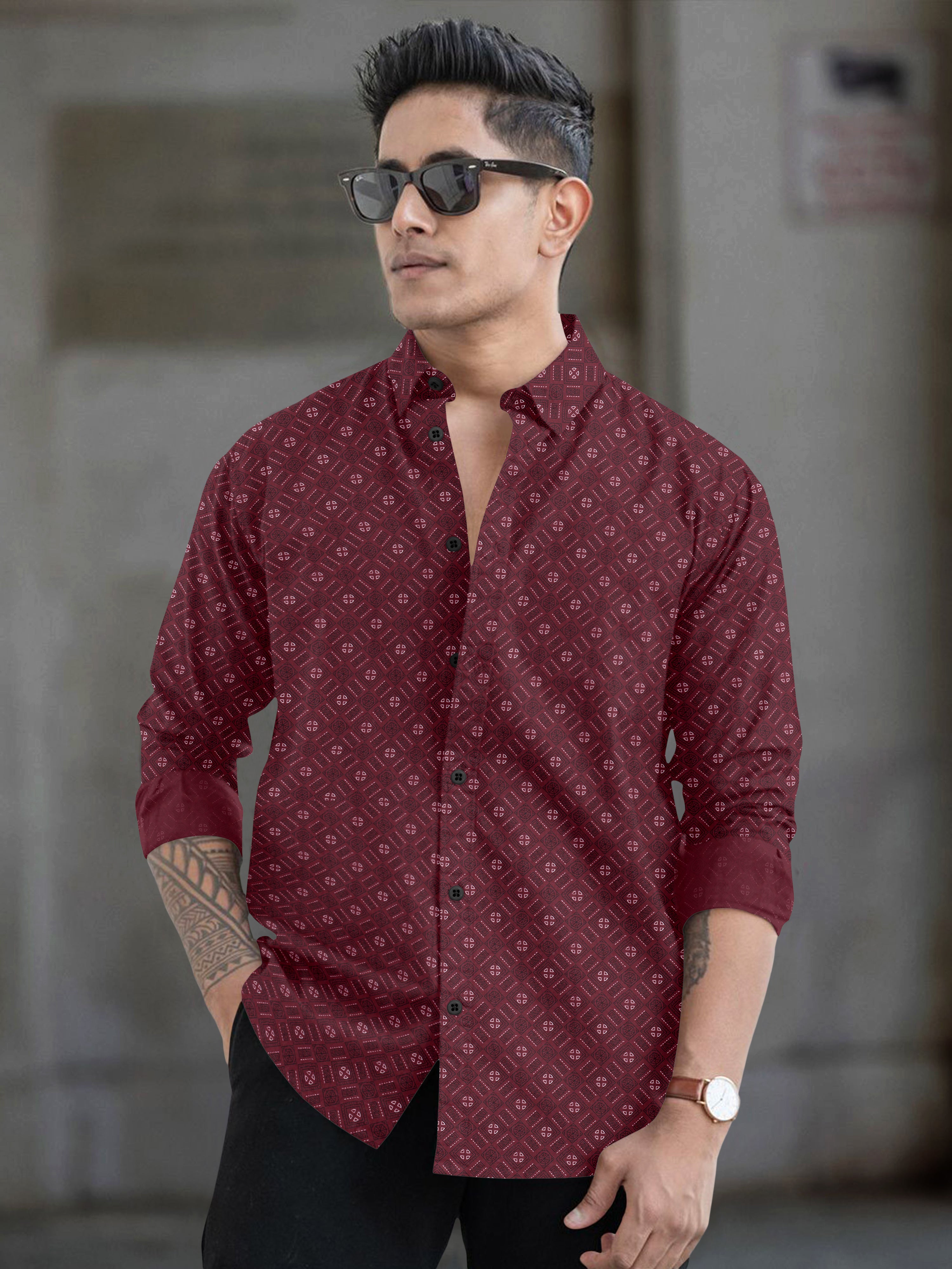 VDLooks Men’s White Regular Fit Cotton Blend Shirt with Micro Geometric Print