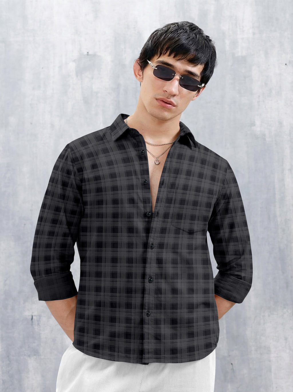 VDLooks Men’s Regular Fit Grey & Black Checked Casual Shirt | Cotton Blend Full Sleeve Shirt
