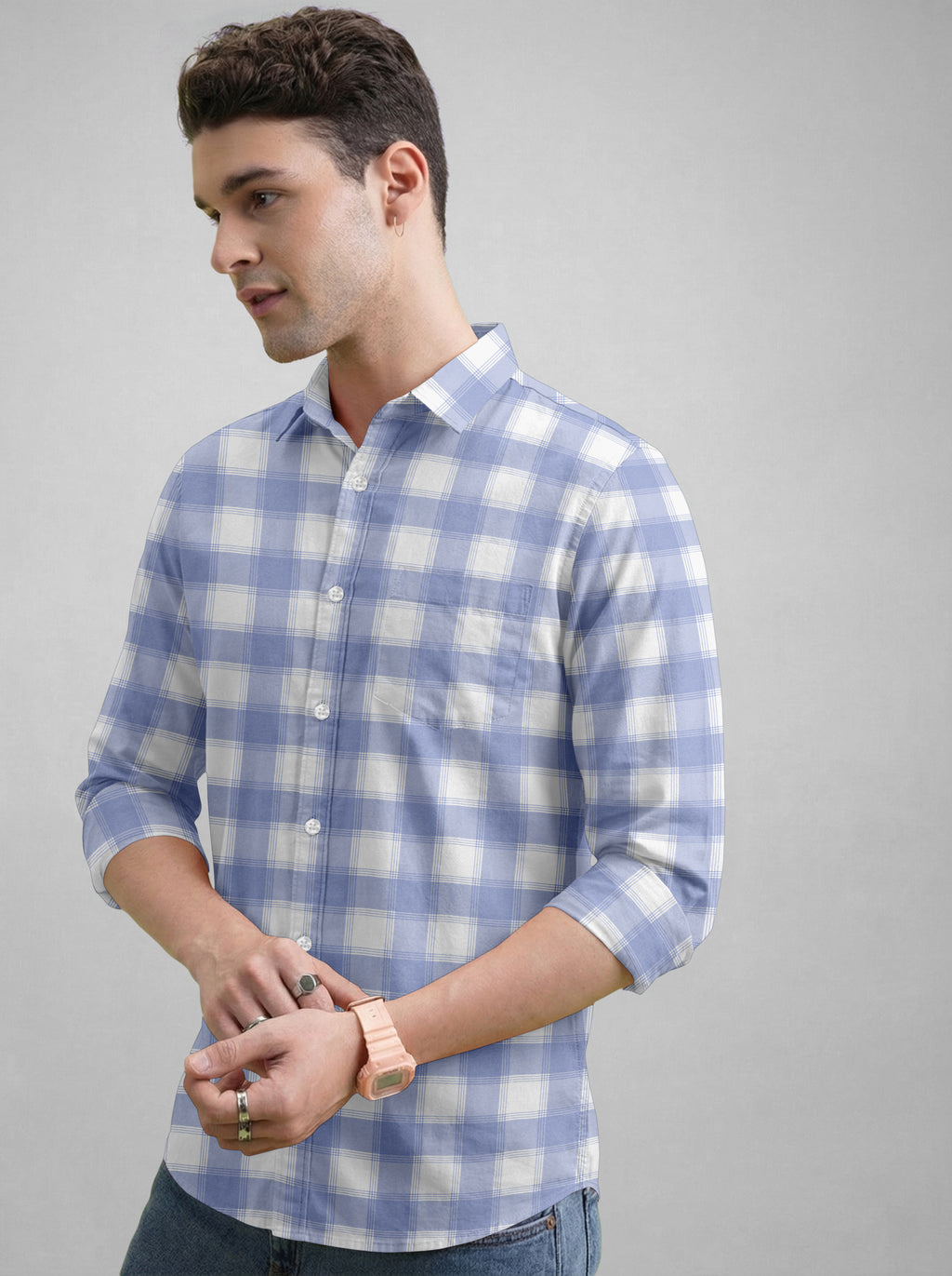 VDLooks Men’s Regular Fit Light Green & White Gingham Check Casual Cotton Blend Shirt