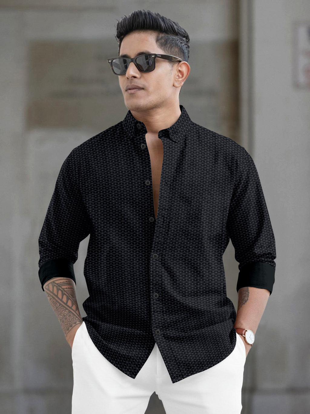 VDLooks Men’s Regular Fit Cotton Blend Shirt with Modern Geometric All-Over Print