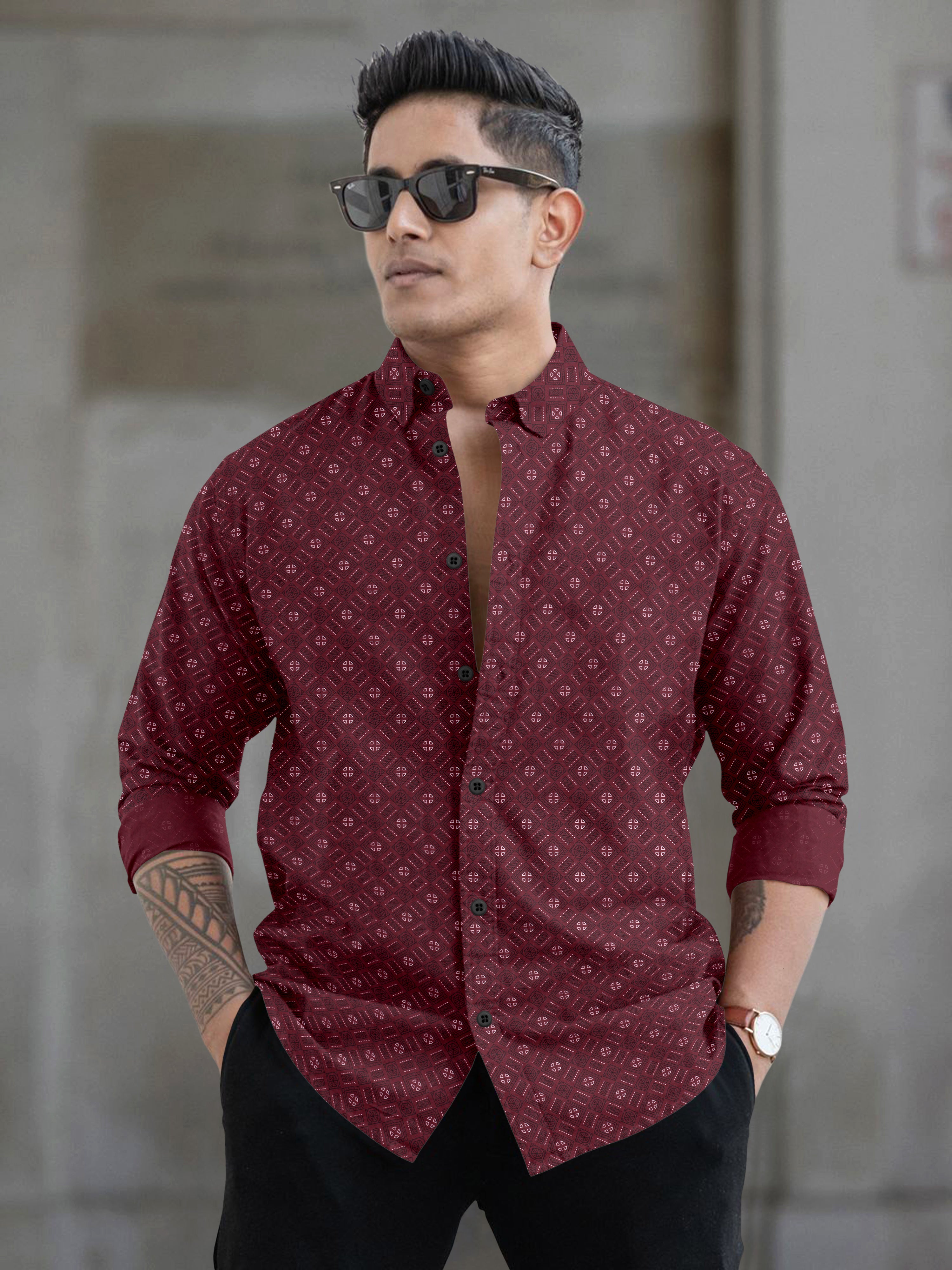 VDLooks Men’s White Regular Fit Cotton Blend Shirt with Micro Geometric Print