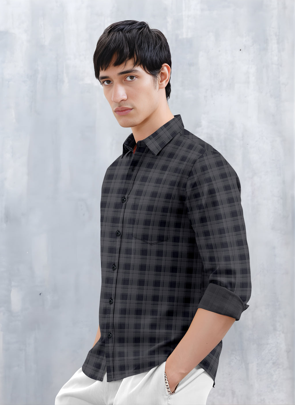 VDLooks Men’s Regular Fit Grey & Black Checked Casual Shirt | Cotton Blend Full Sleeve Shirt