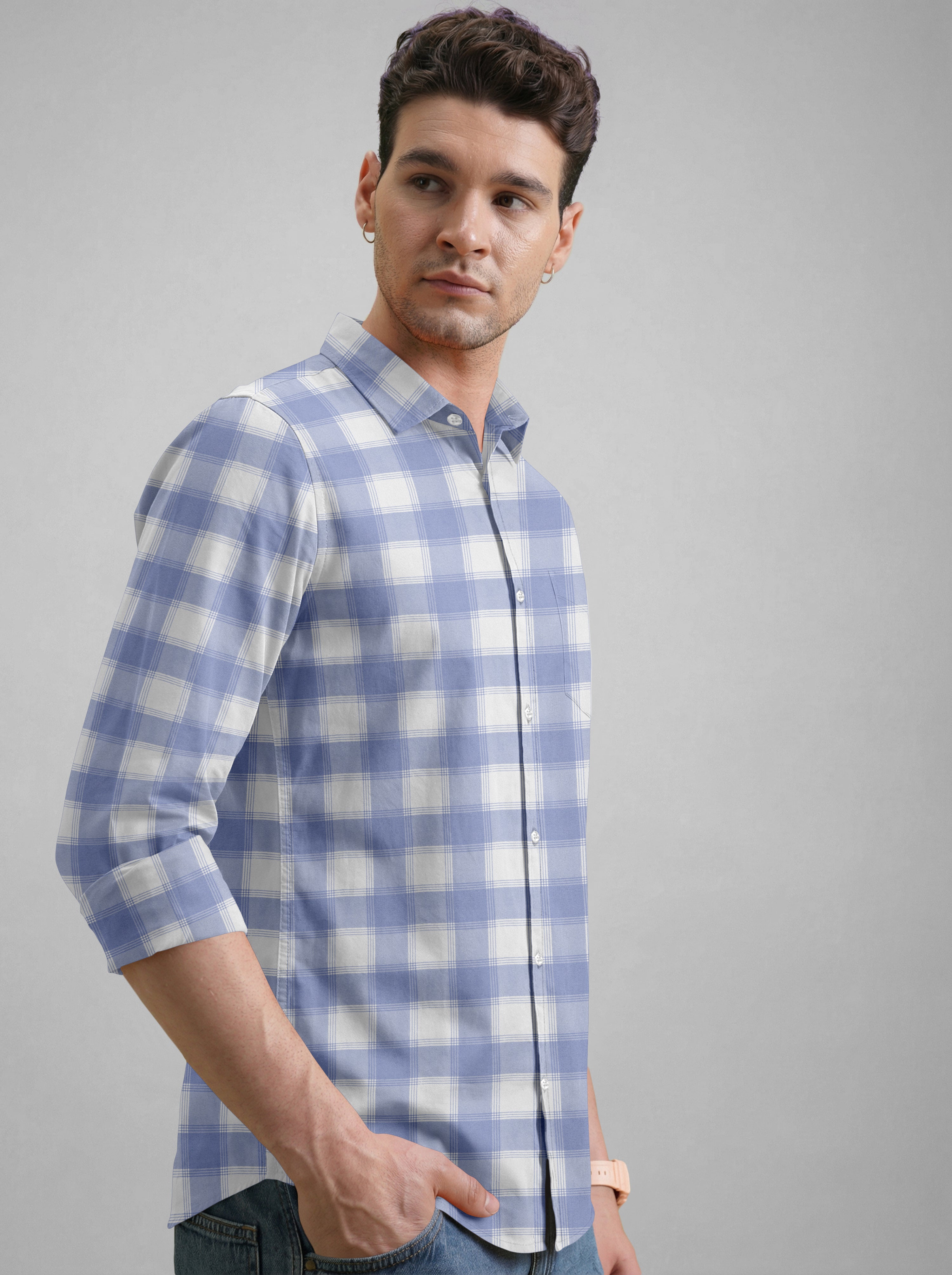 VDLooks Men’s Regular Fit Light Green & White Gingham Check Casual Cotton Blend Shirt