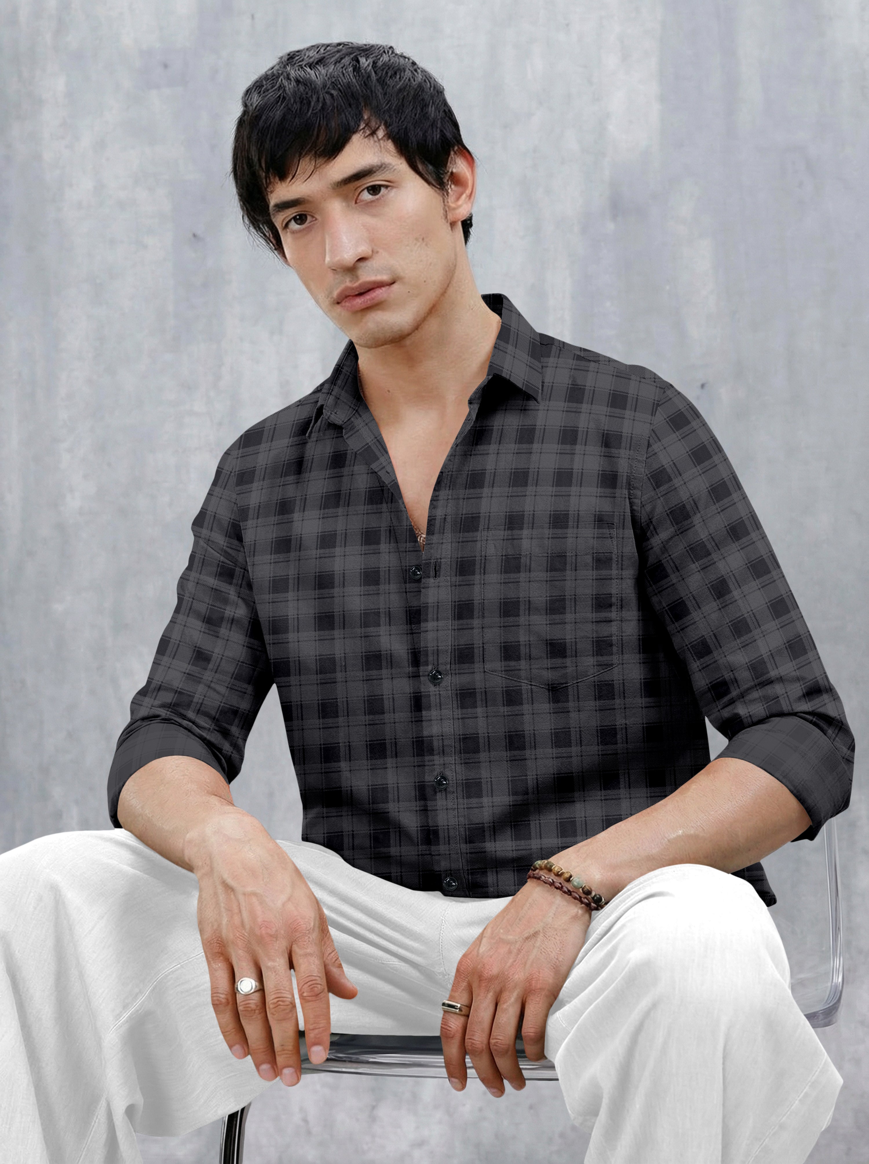 VDLooks Men’s Regular Fit Grey & Black Checked Casual Shirt | Cotton Blend Full Sleeve Shirt