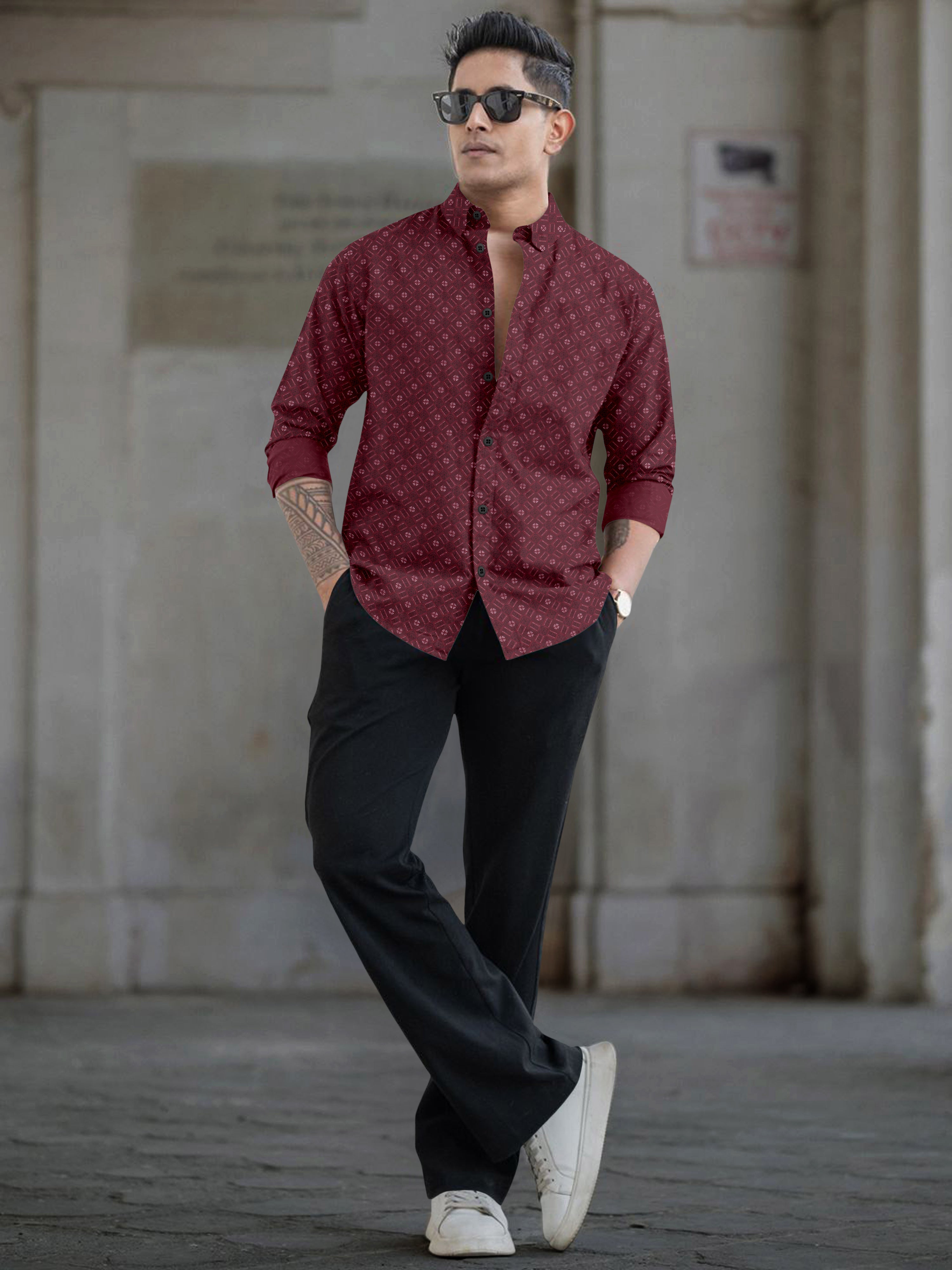 VDLooks Men’s White Regular Fit Cotton Blend Shirt with Micro Geometric Print