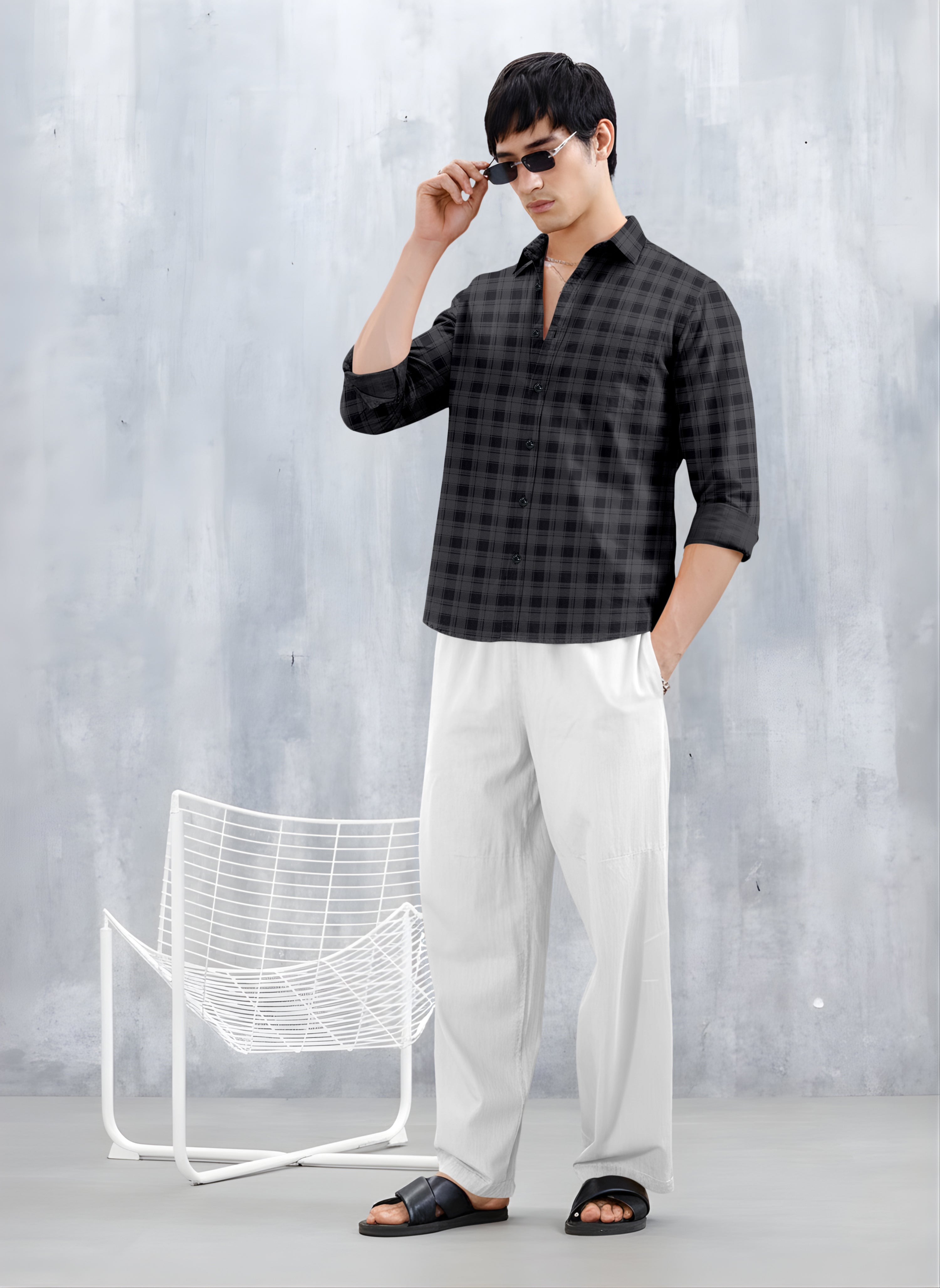 VDLooks Men’s Regular Fit Grey & Black Checked Casual Shirt | Cotton Blend Full Sleeve Shirt