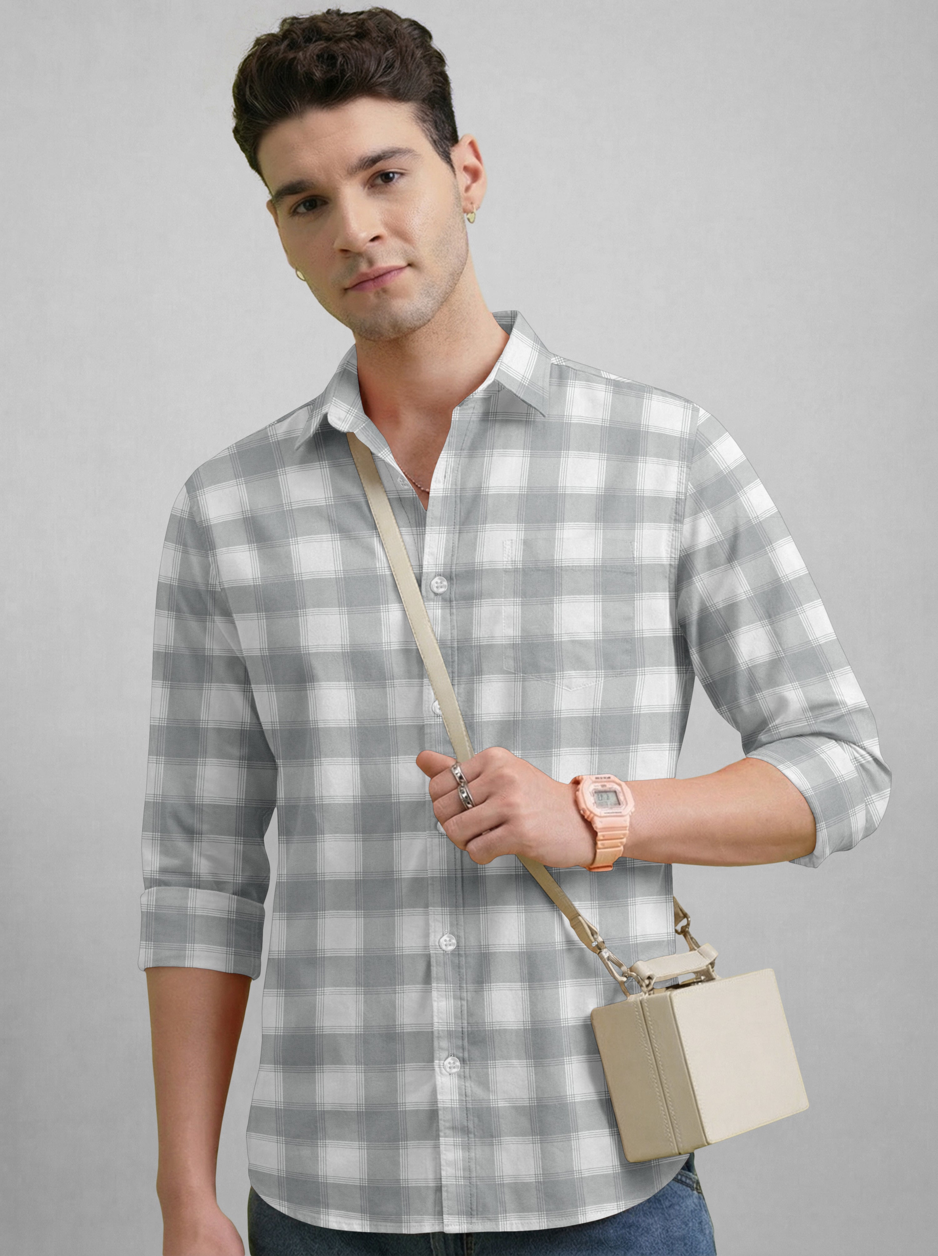 VDLooks Men’s Regular Fit Light Green & White Gingham Check Casual Cotton Blend Shirt