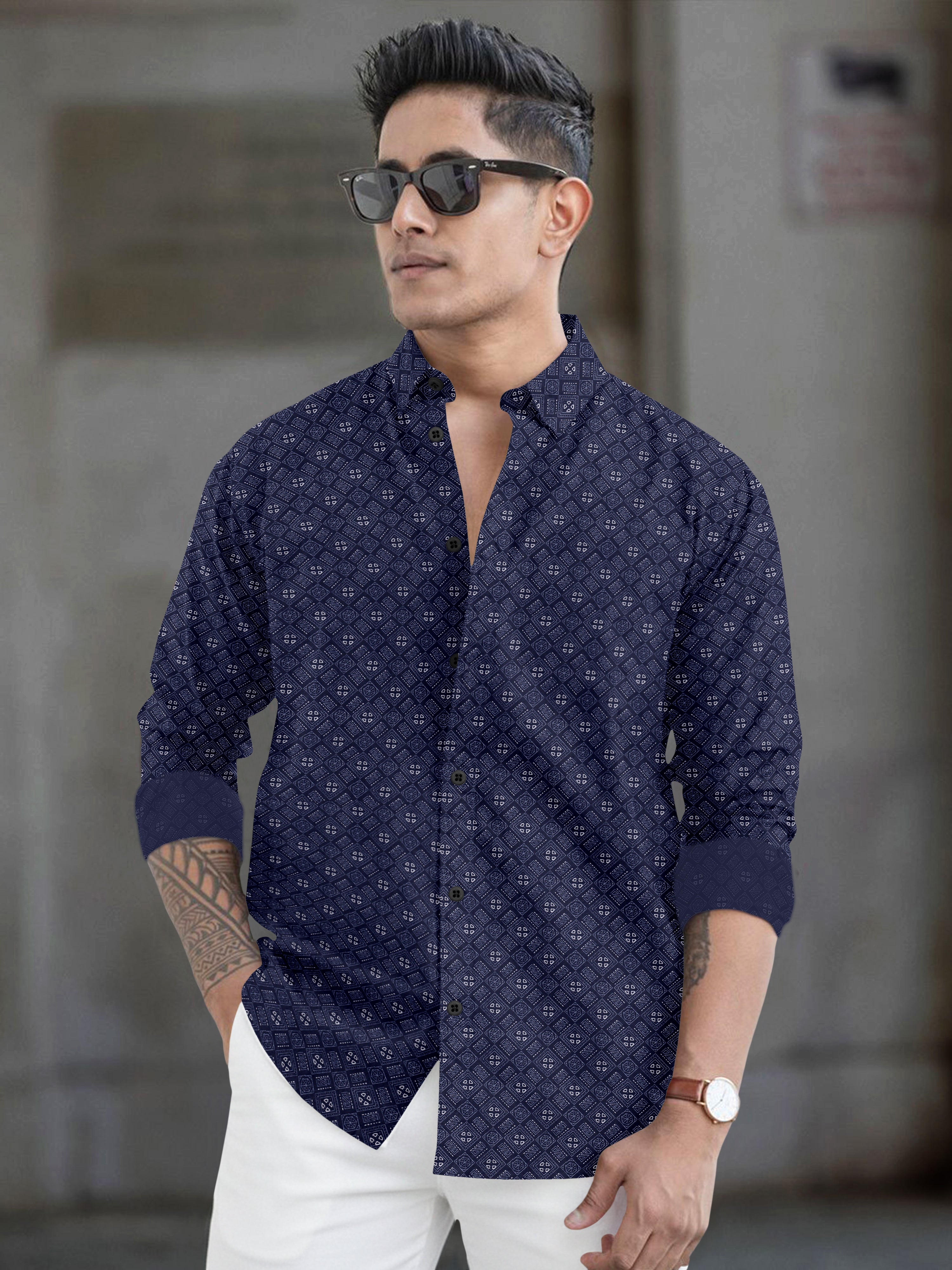 VDLooks Men’s White Regular Fit Cotton Blend Shirt with Micro Geometric Print