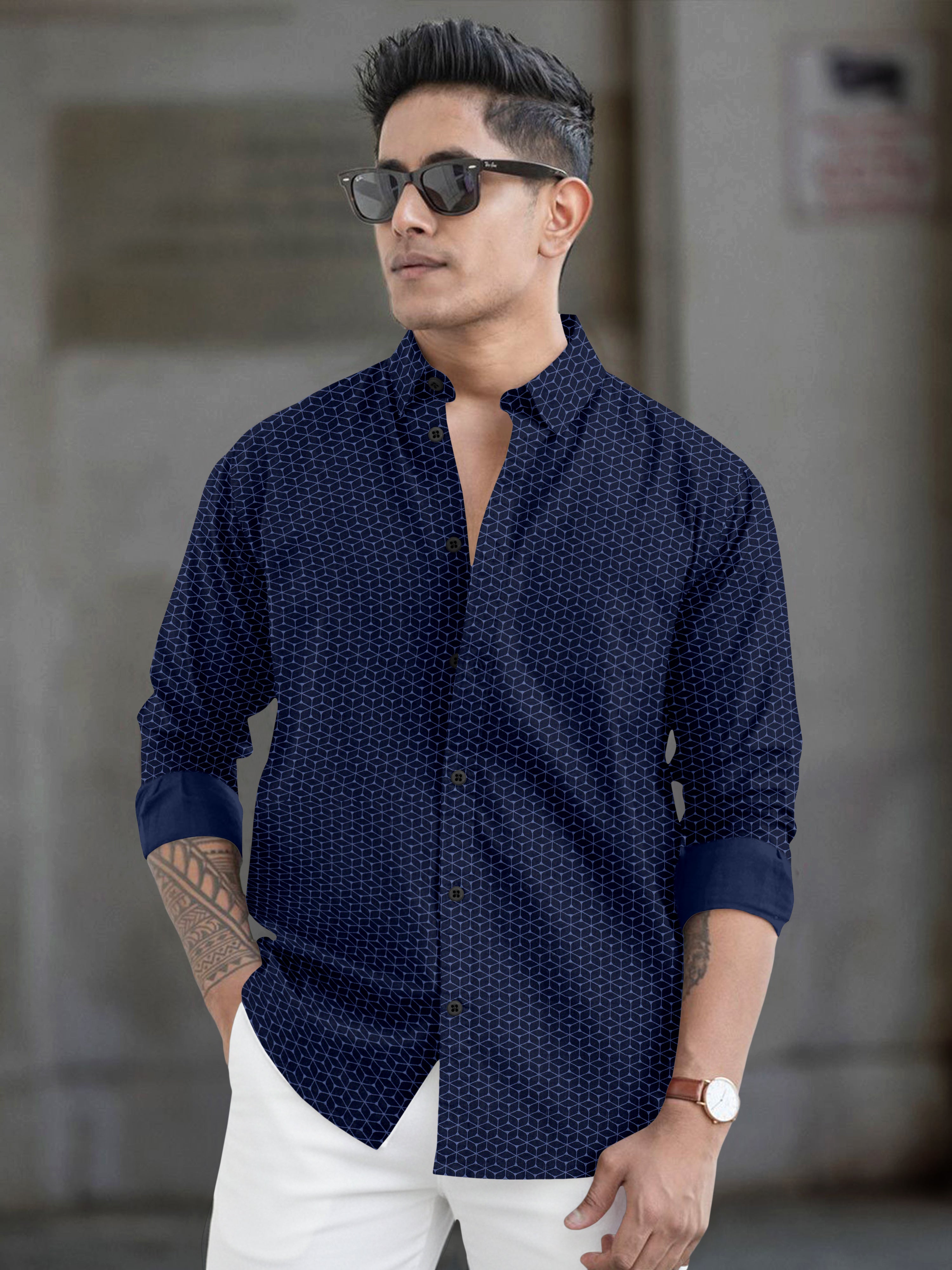 VDLooks Men’s Regular Fit Cotton Blend Shirt with Modern Geometric All-Over Print