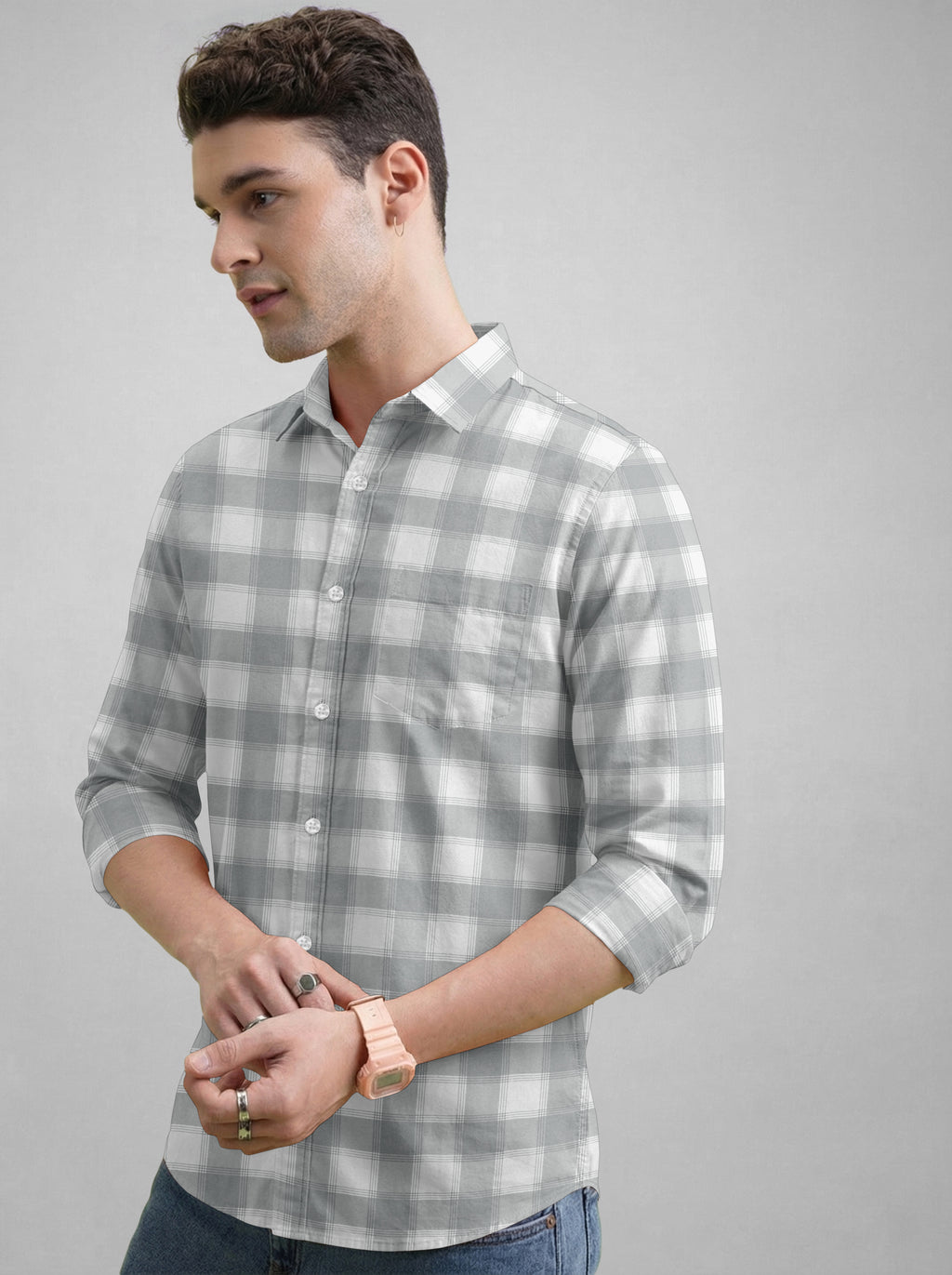 VDLooks Men’s Regular Fit Light Green & White Gingham Check Casual Cotton Blend Shirt