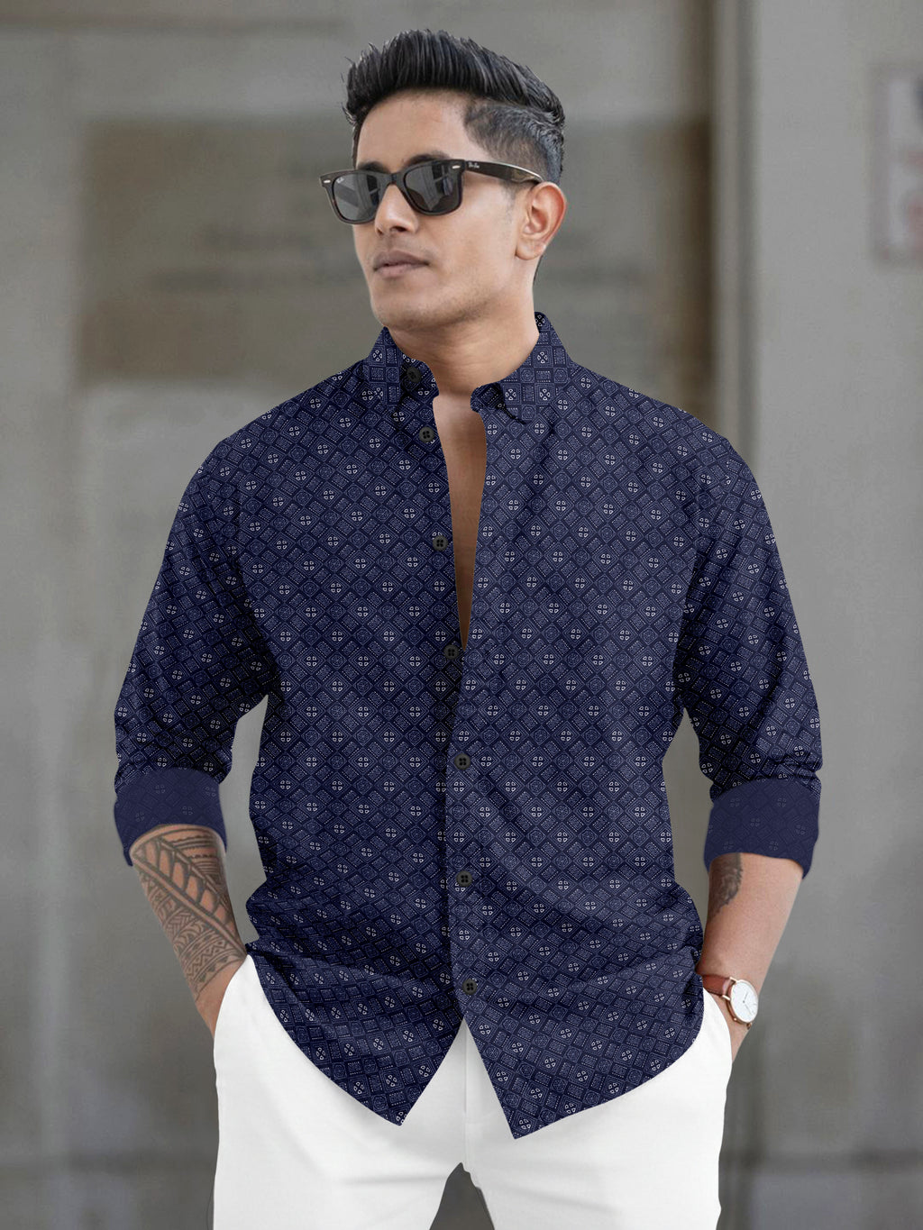 VDLooks Men’s White Regular Fit Cotton Blend Shirt with Micro Geometric Print