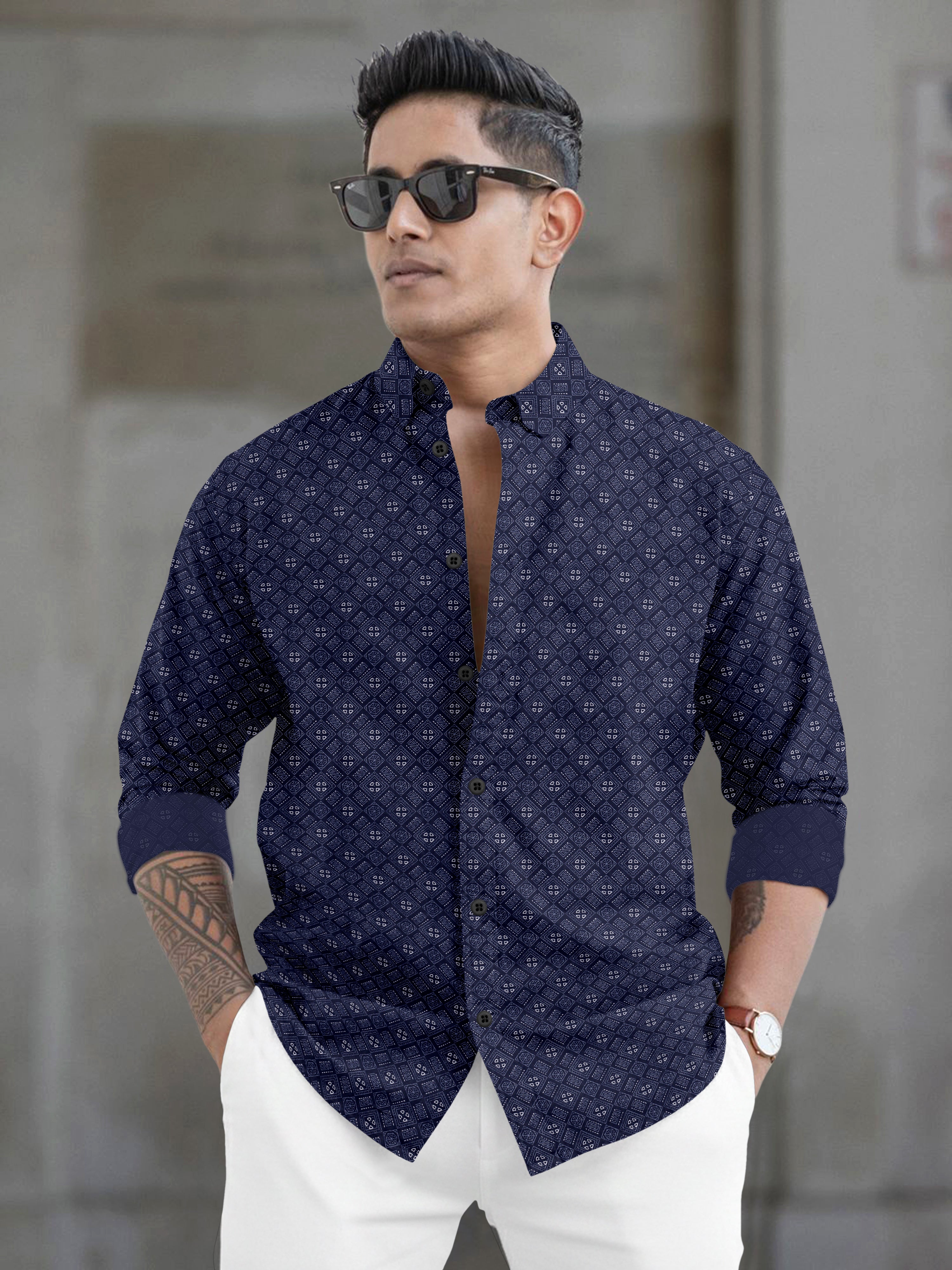 VDLooks Men’s White Regular Fit Cotton Blend Shirt with Micro Geometric Print