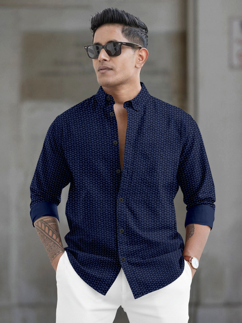 VDLooks Men’s Regular Fit Cotton Blend Shirt with Modern Geometric All-Over Print