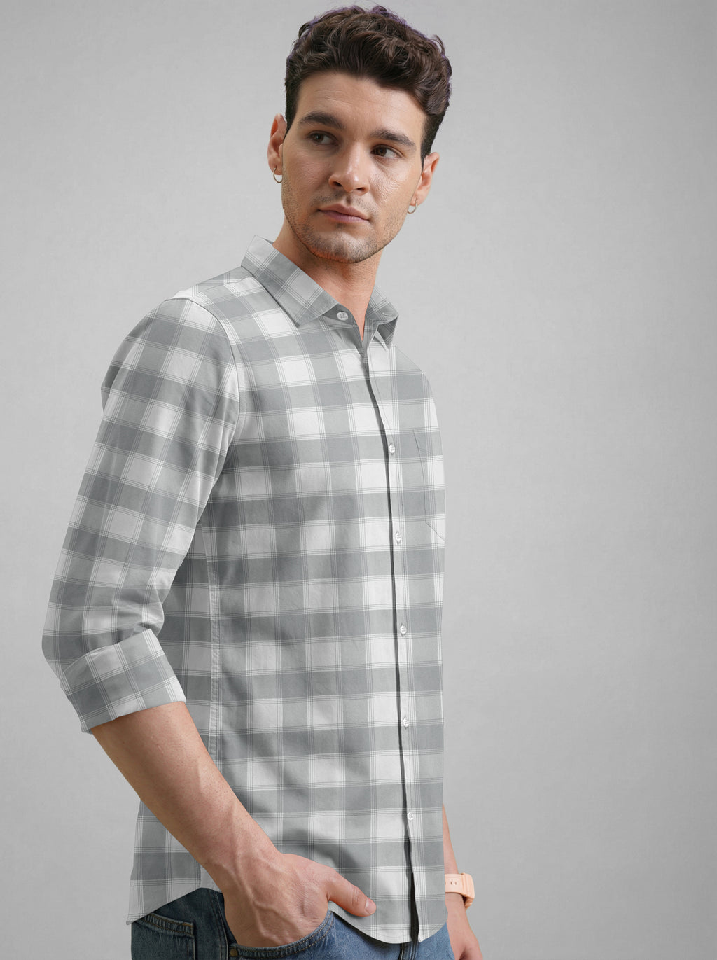 VDLooks Men’s Regular Fit Light Green & White Gingham Check Casual Cotton Blend Shirt