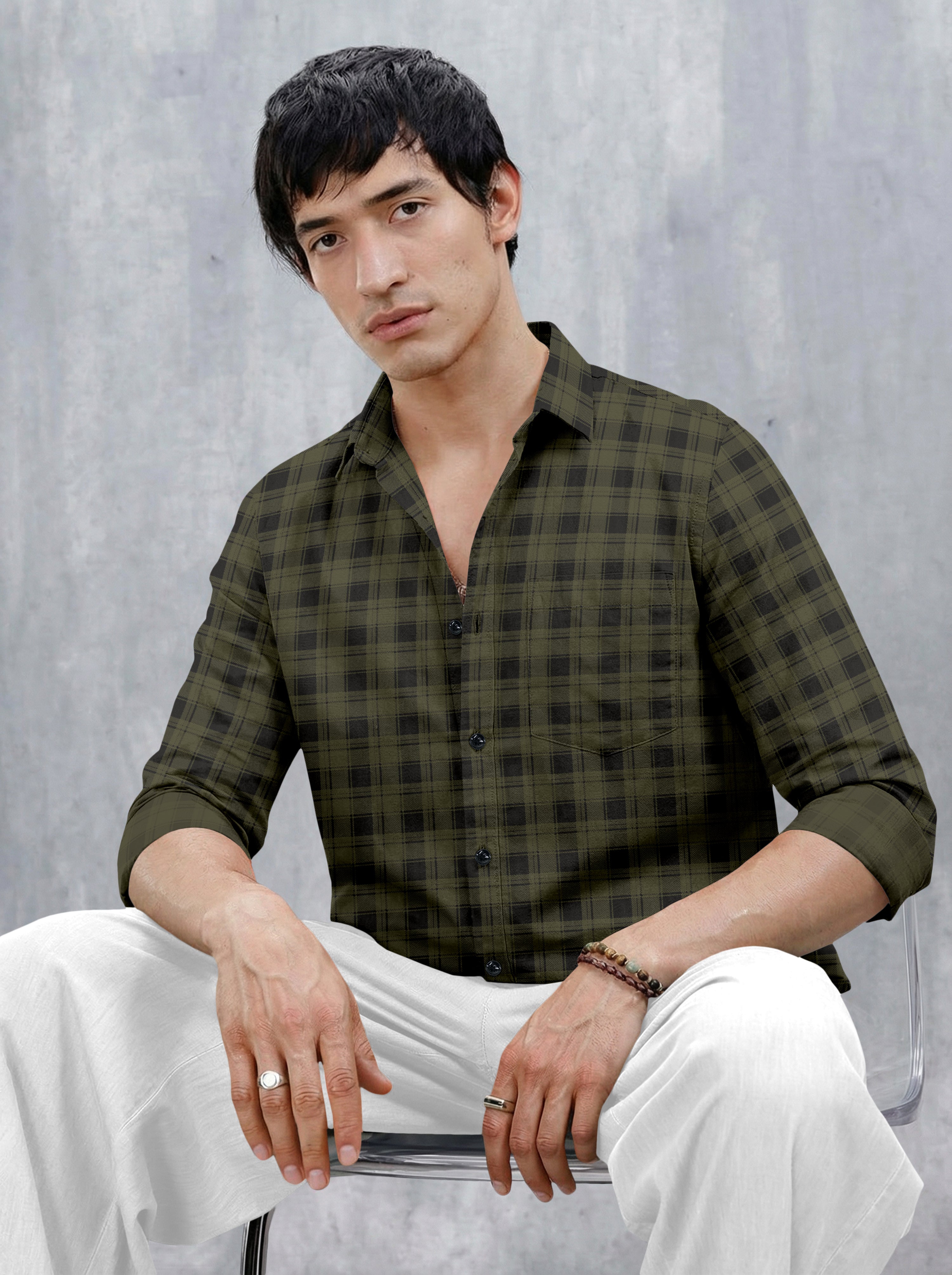 VDLooks Men’s Regular Fit Grey & Black Checked Casual Shirt | Cotton Blend Full Sleeve Shirt