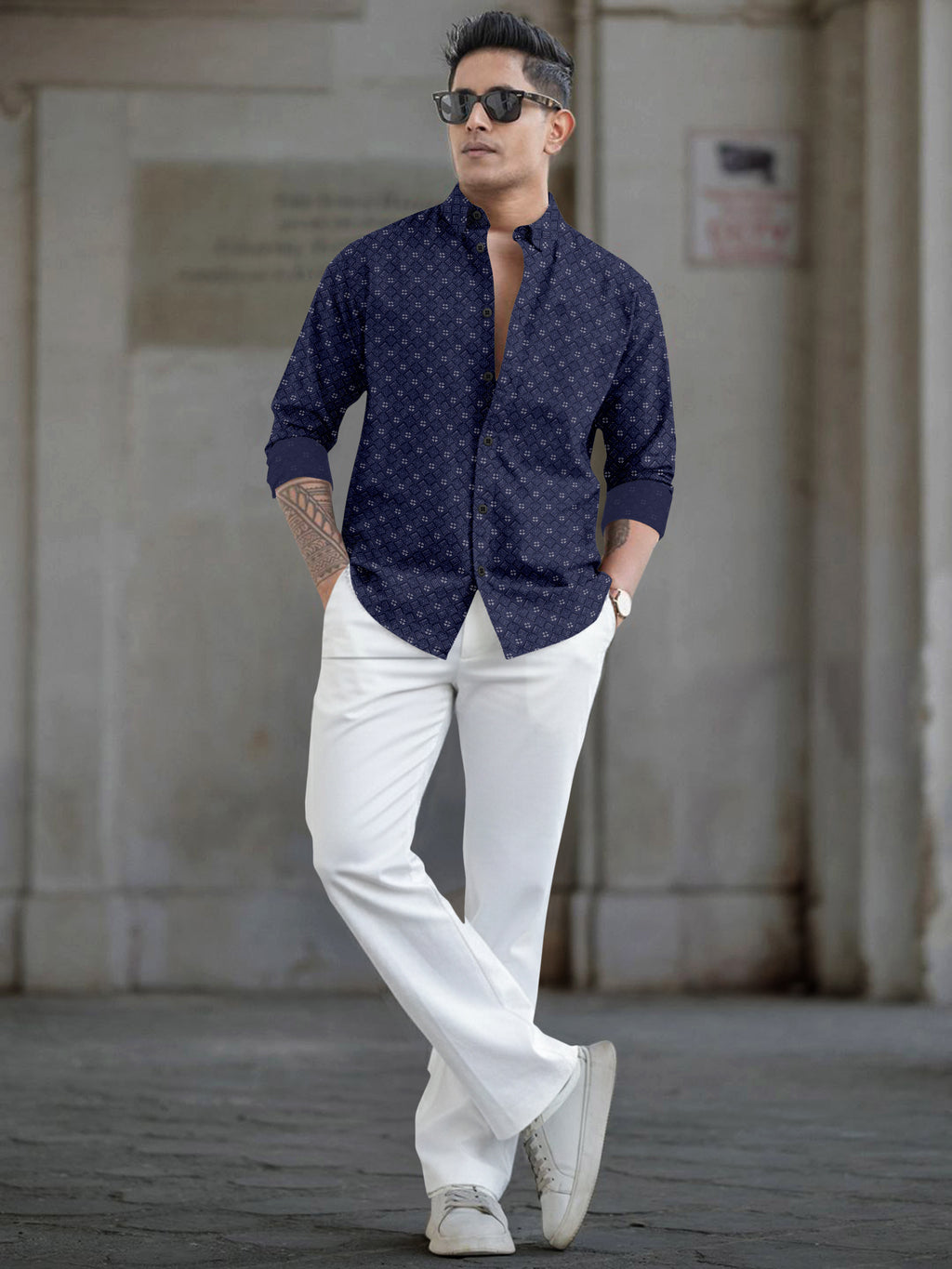 VDLooks Men’s White Regular Fit Cotton Blend Shirt with Micro Geometric Print