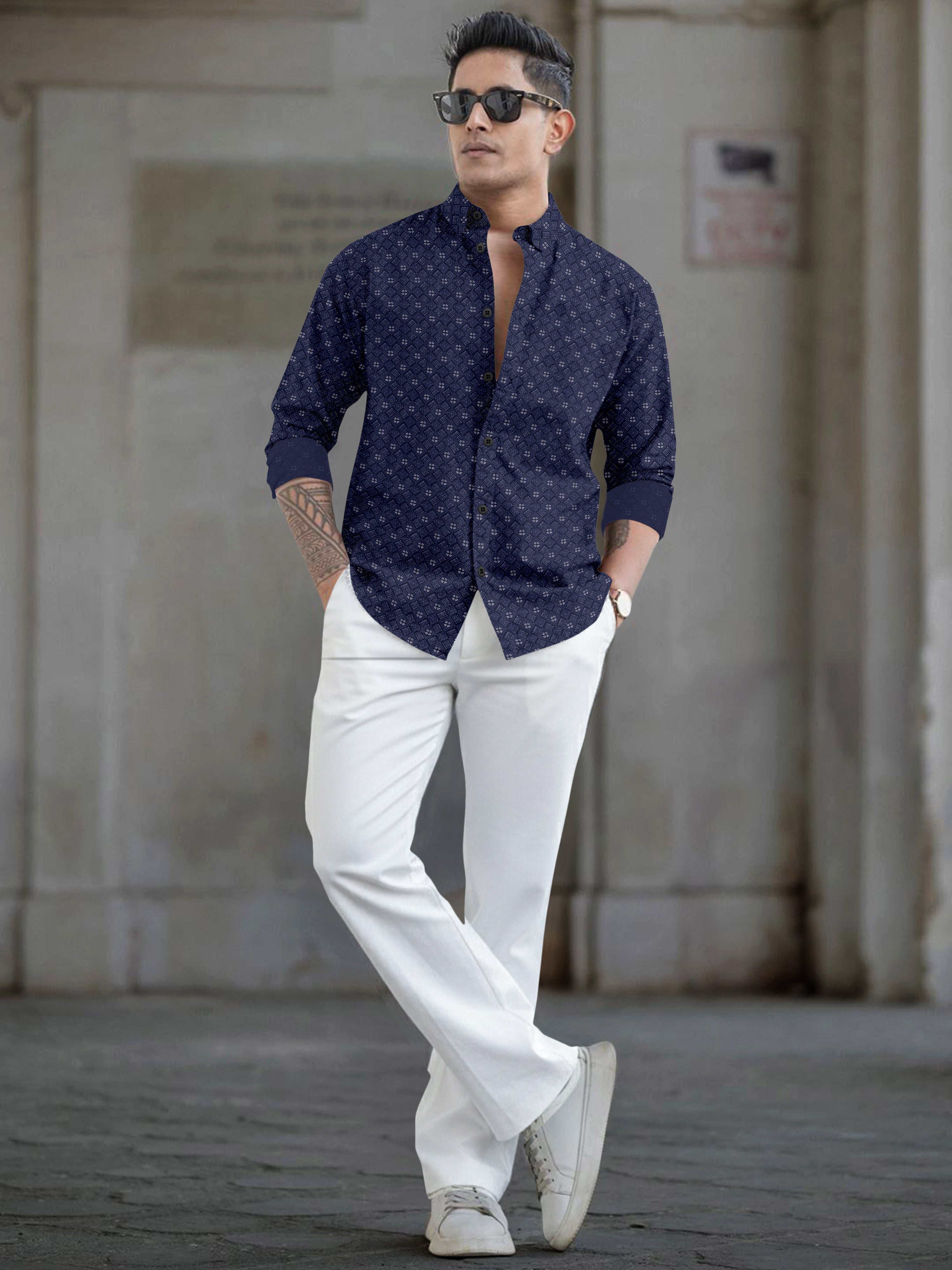 VDLooks Men’s White Regular Fit Cotton Blend Shirt with Micro Geometric Print