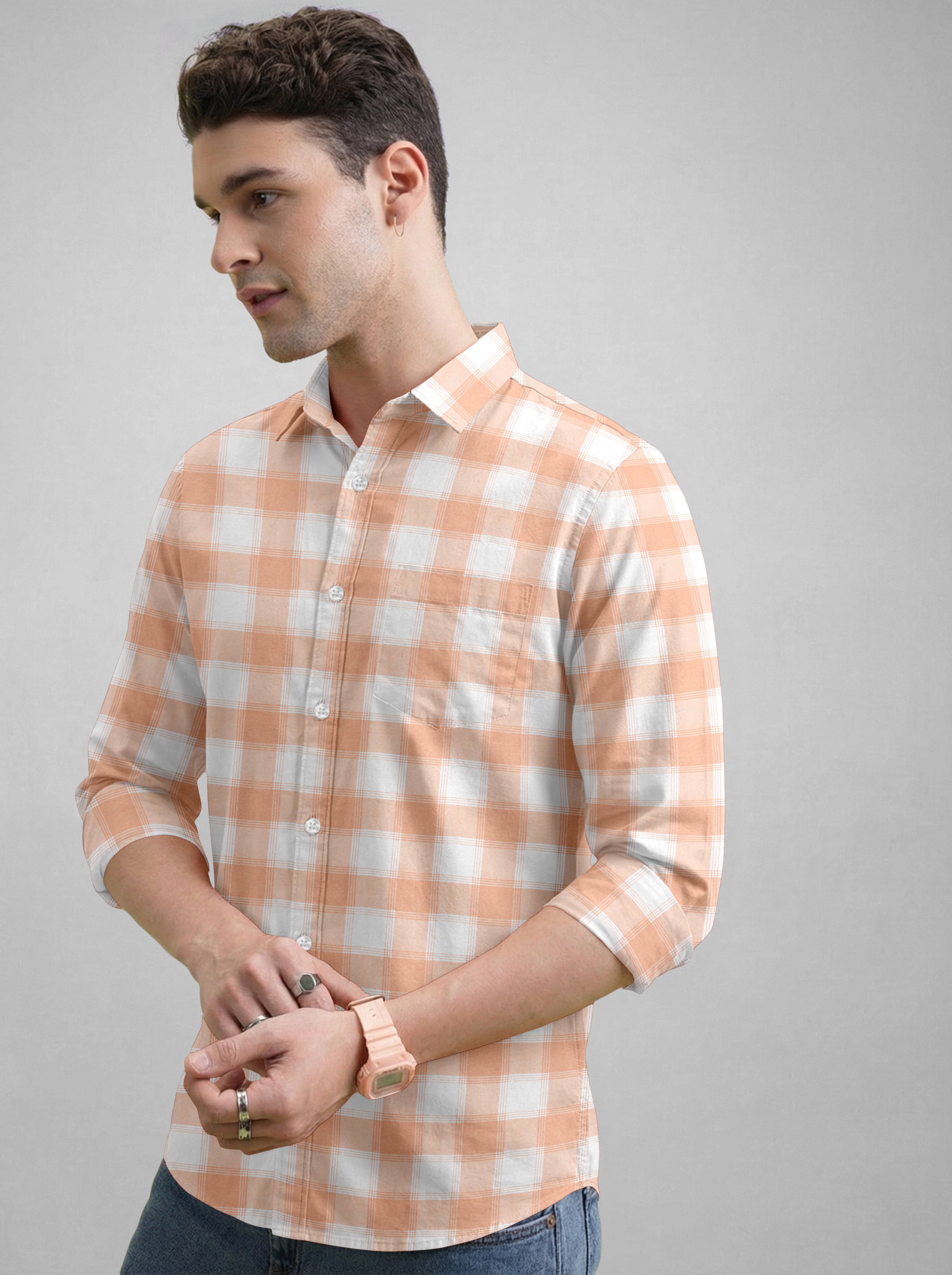 VDLooks Men’s Regular Fit Light Green & White Gingham Check Casual Cotton Blend Shirt