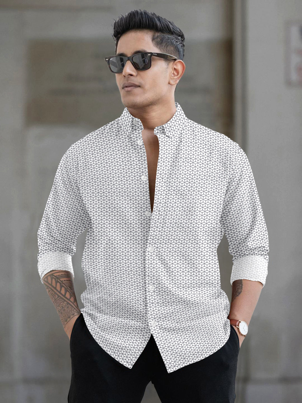 VDLooks Men’s Regular Fit Cotton Blend Shirt with Modern Geometric All-Over Print