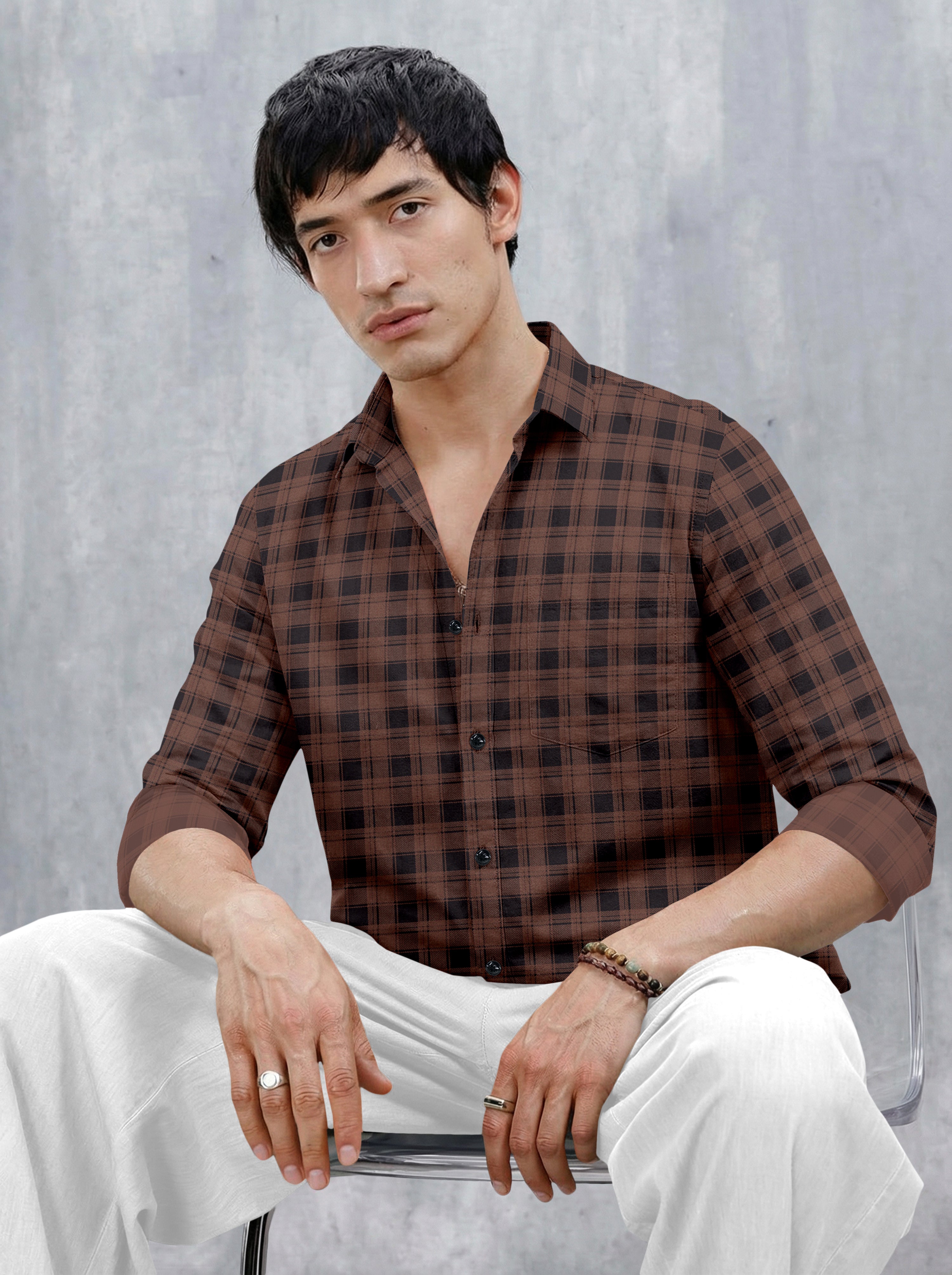 VDLooks Men’s Regular Fit Grey & Black Checked Casual Shirt | Cotton Blend Full Sleeve Shirt