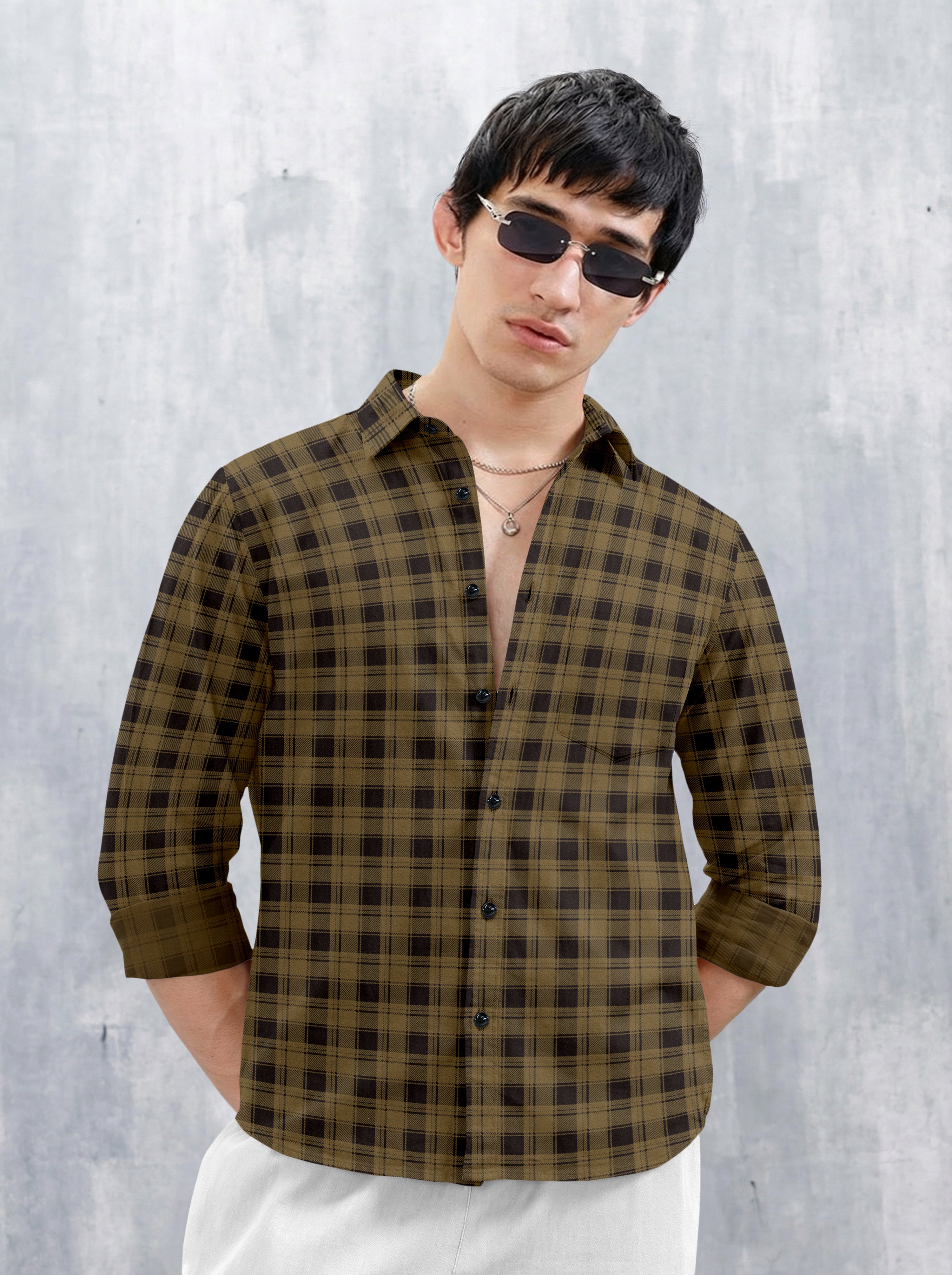 VDLooks Men’s Regular Fit Grey & Black Checked Casual Shirt | Cotton Blend Full Sleeve Shirt