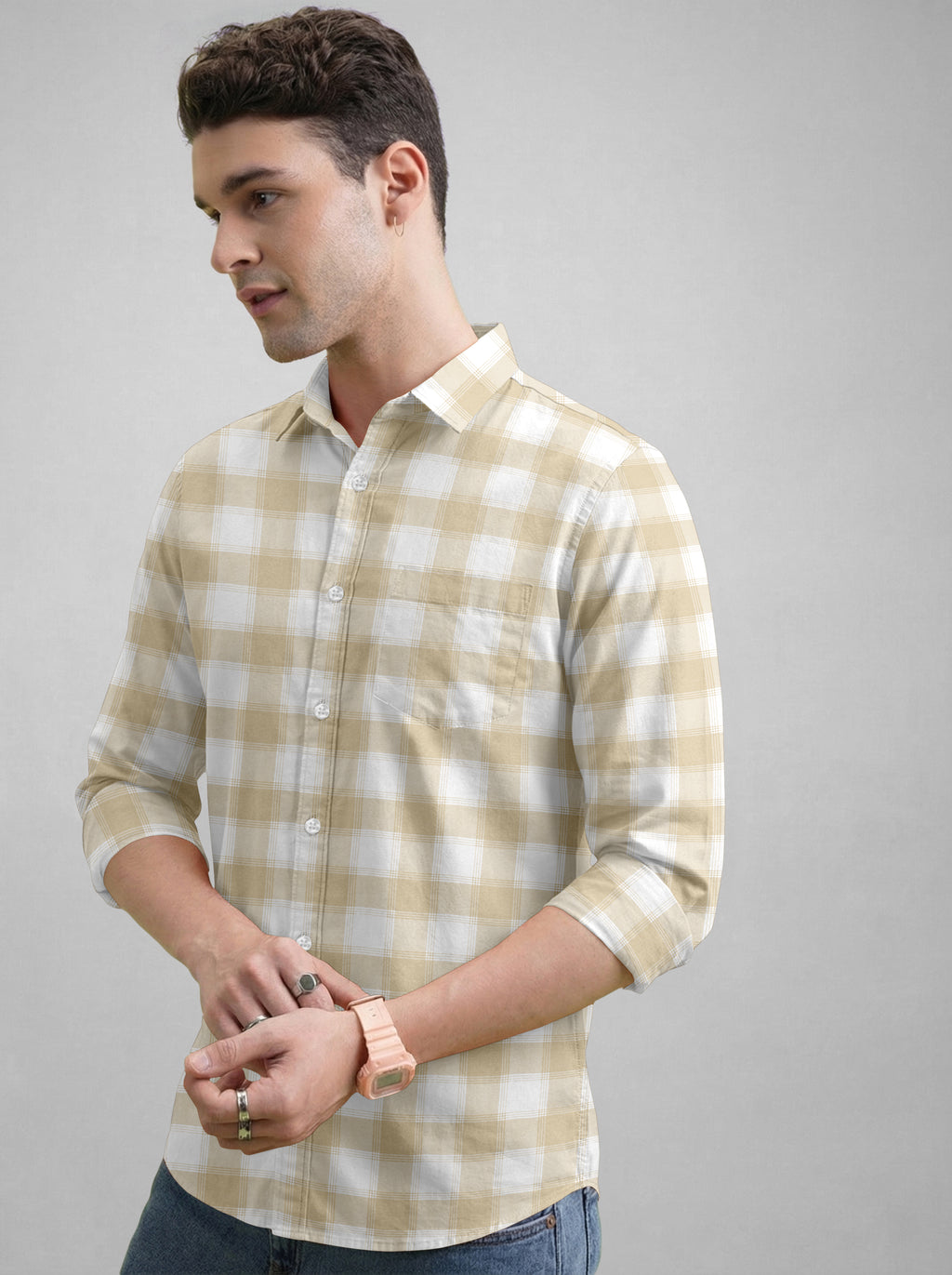 VDLooks Men’s Regular Fit Light Green & White Gingham Check Casual Cotton Blend Shirt