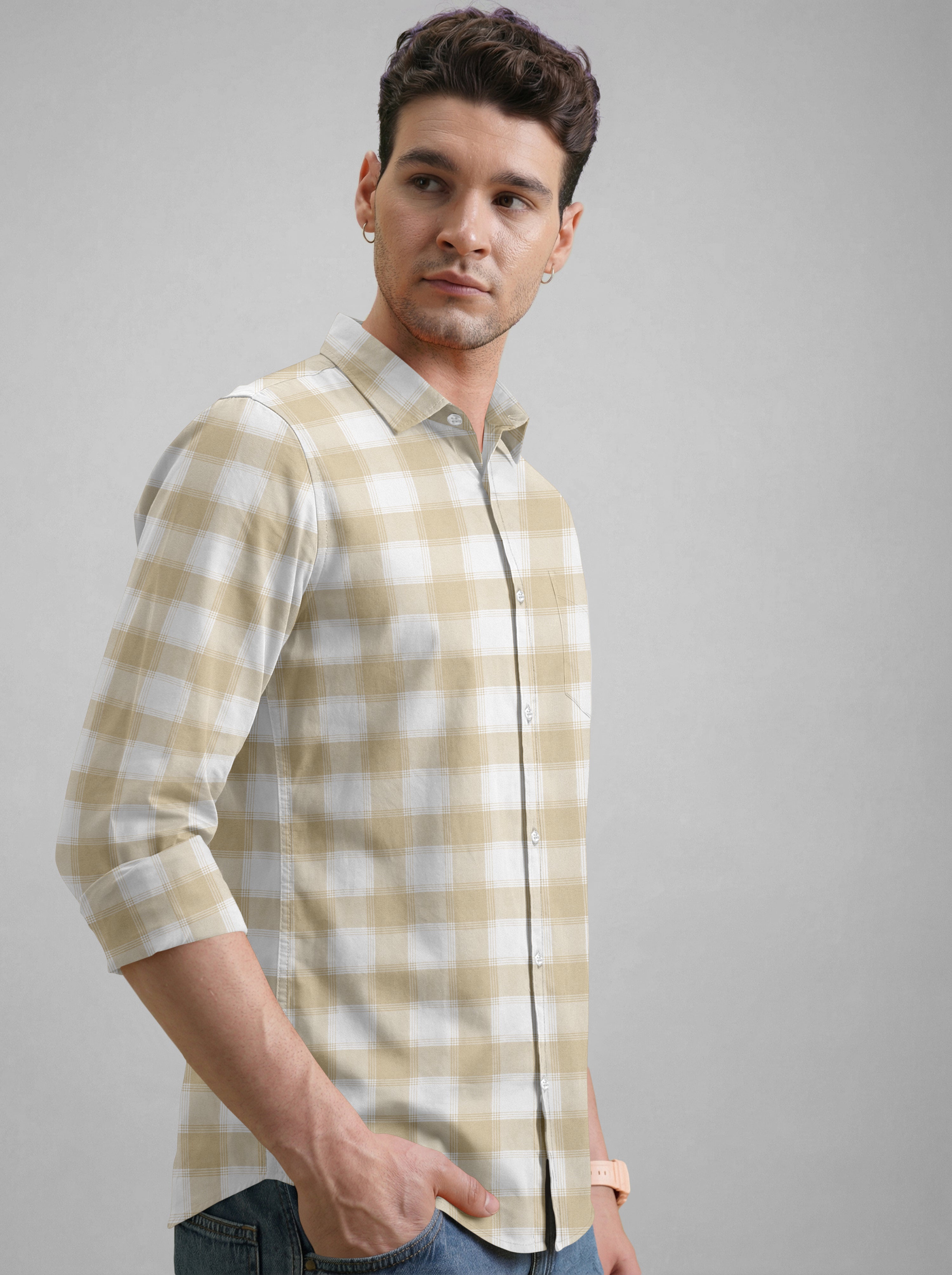 VDLooks Men’s Regular Fit Light Green & White Gingham Check Casual Cotton Blend Shirt