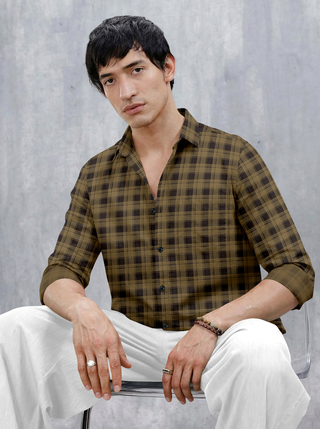 VDLooks Men’s Regular Fit Grey & Black Checked Casual Shirt | Cotton Blend Full Sleeve Shirt