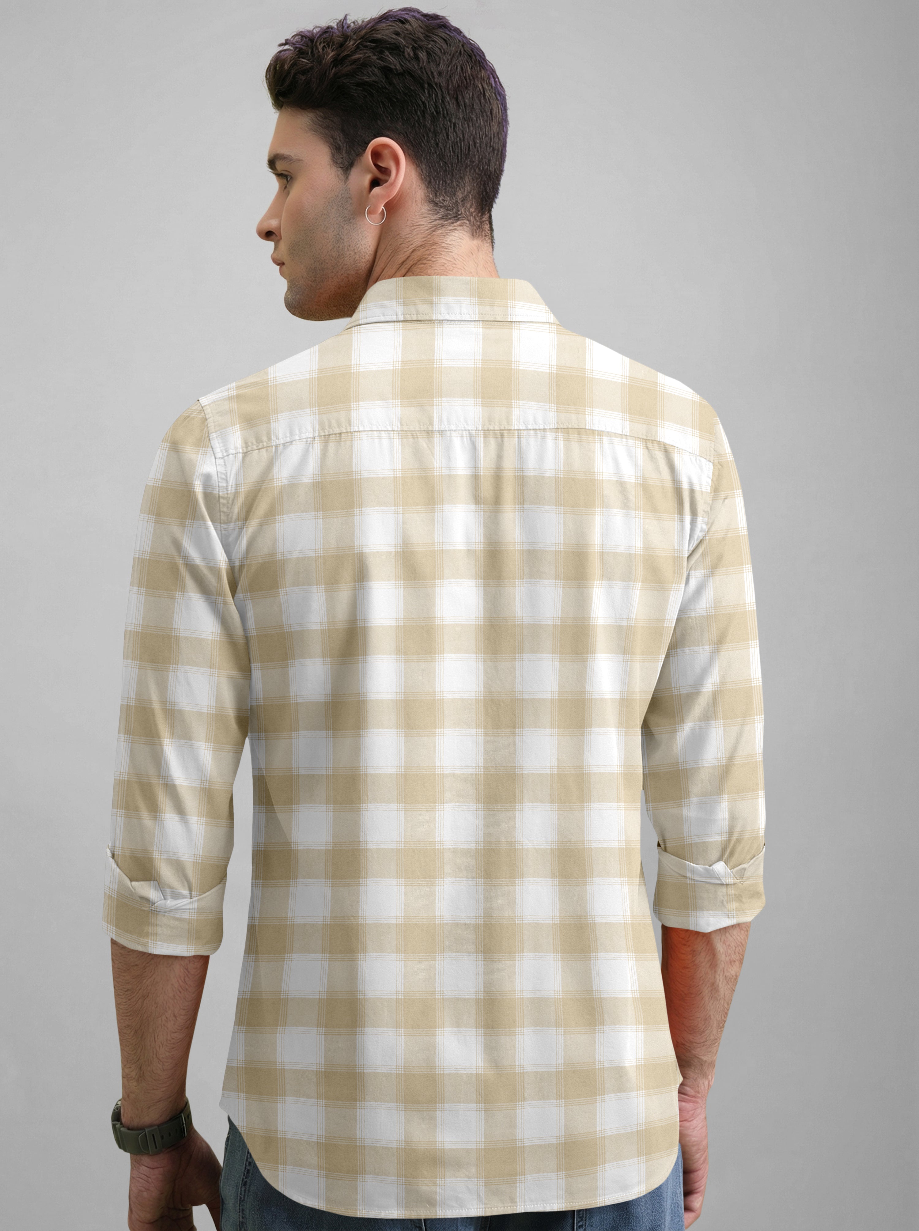 VDLooks Men’s Regular Fit Light Green & White Gingham Check Casual Cotton Blend Shirt