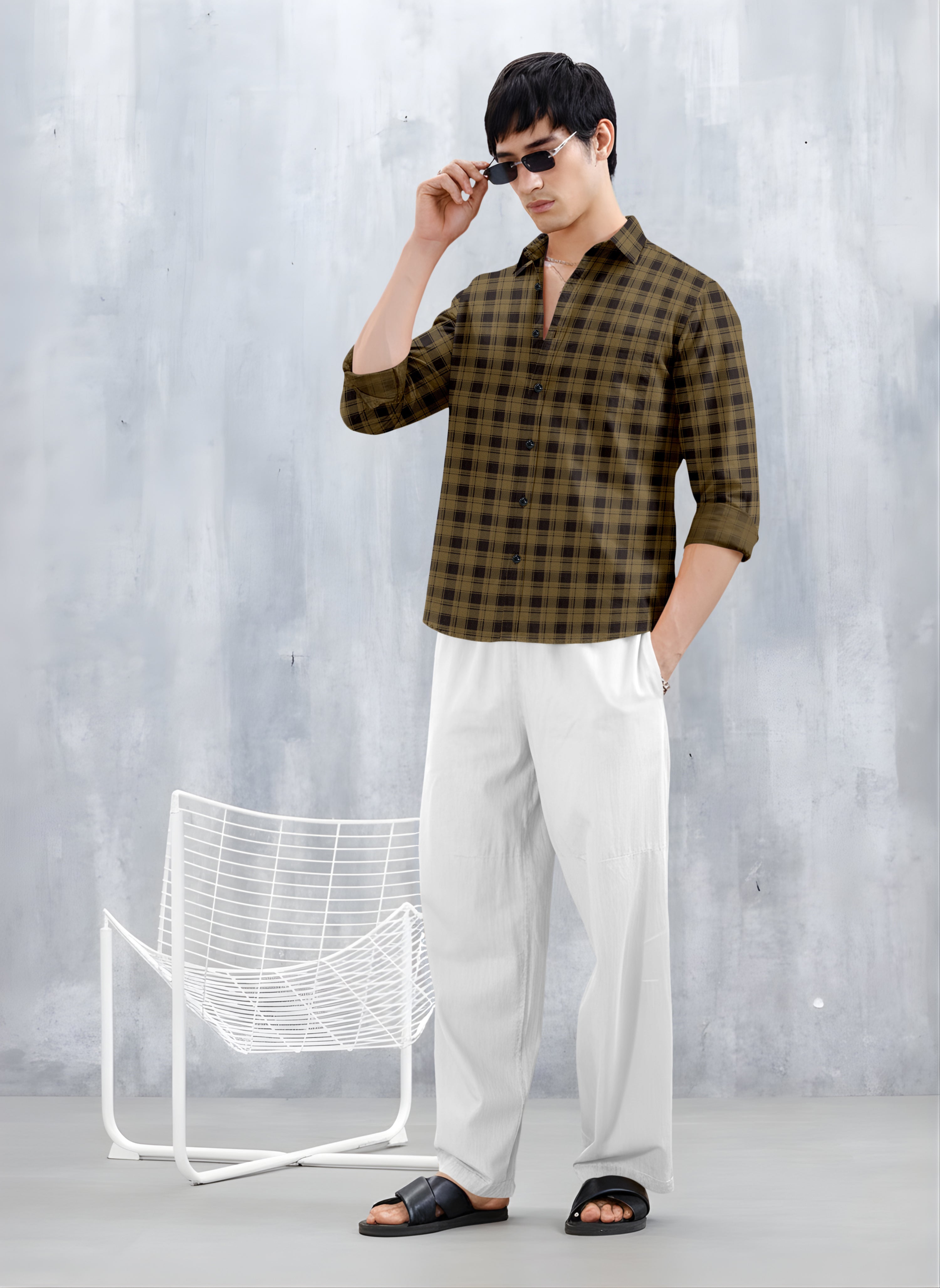 VDLooks Men’s Regular Fit Grey & Black Checked Casual Shirt | Cotton Blend Full Sleeve Shirt