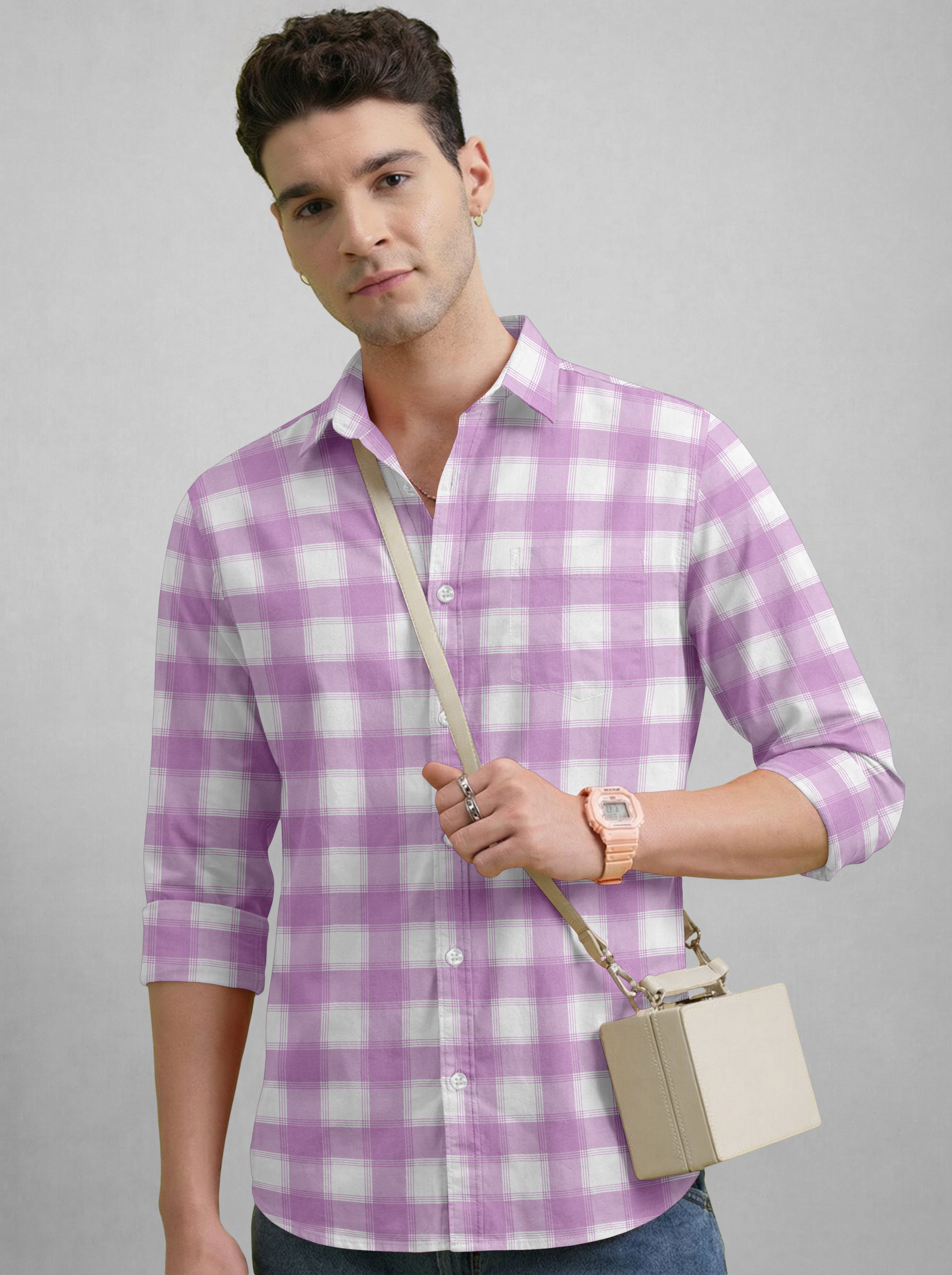 VDLooks Men’s Regular Fit Light Green & White Gingham Check Casual Cotton Blend Shirt