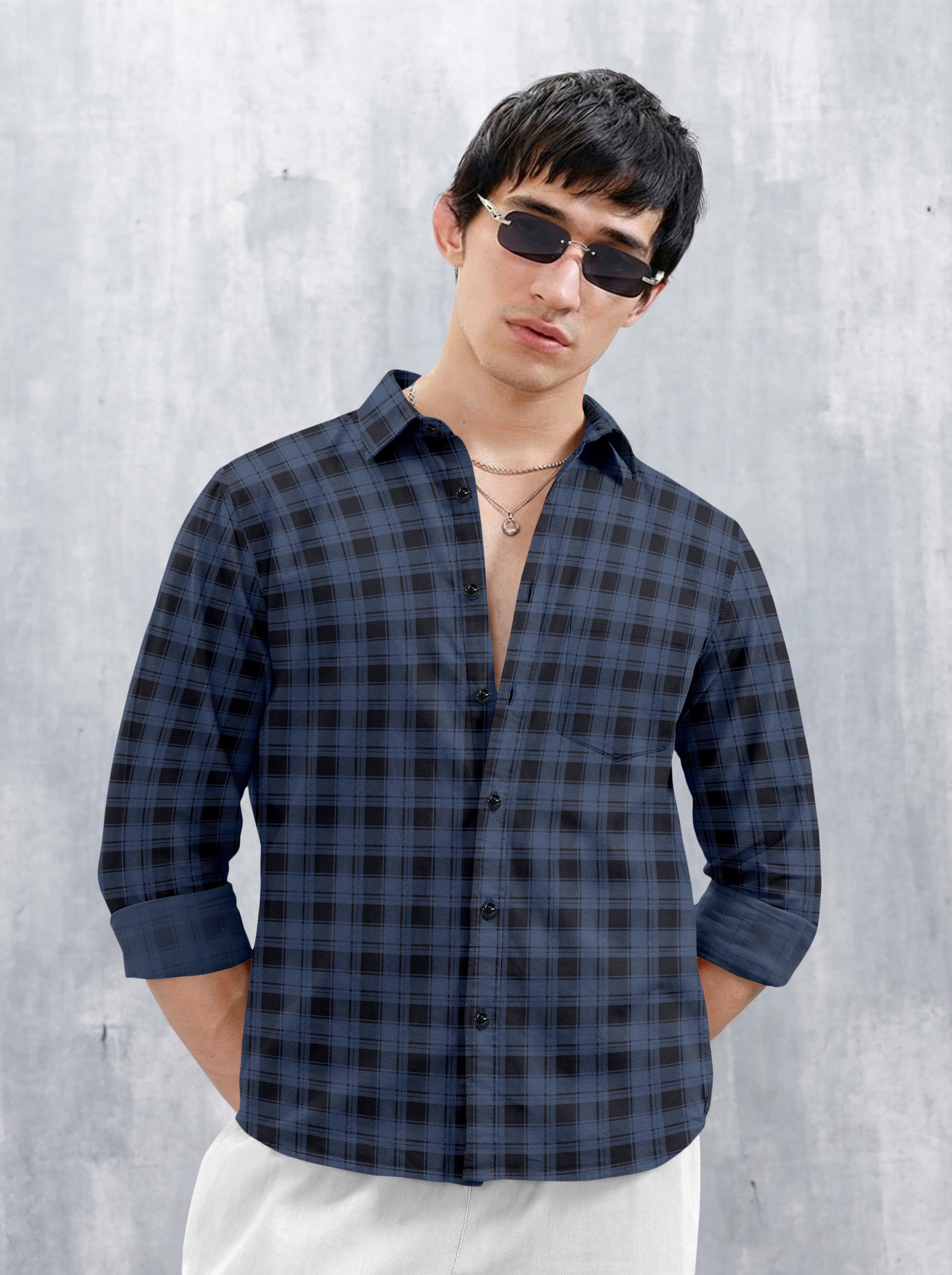 VDLooks Men’s Regular Fit Grey & Black Checked Casual Shirt | Cotton Blend Full Sleeve Shirt