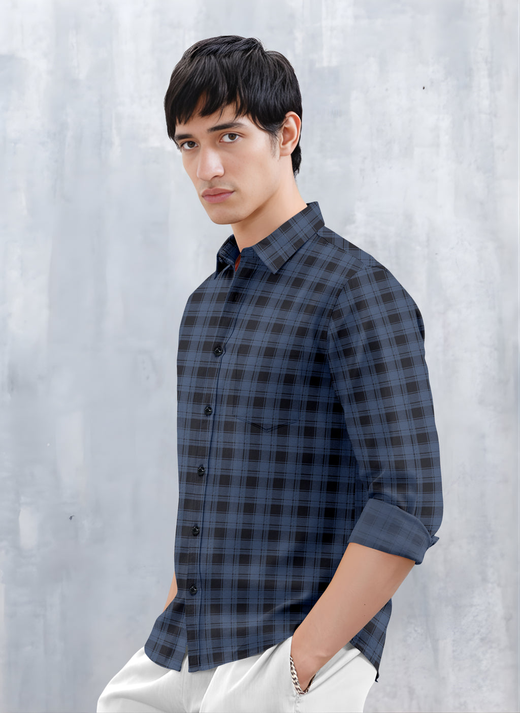 VDLooks Men’s Regular Fit Grey & Black Checked Casual Shirt | Cotton Blend Full Sleeve Shirt