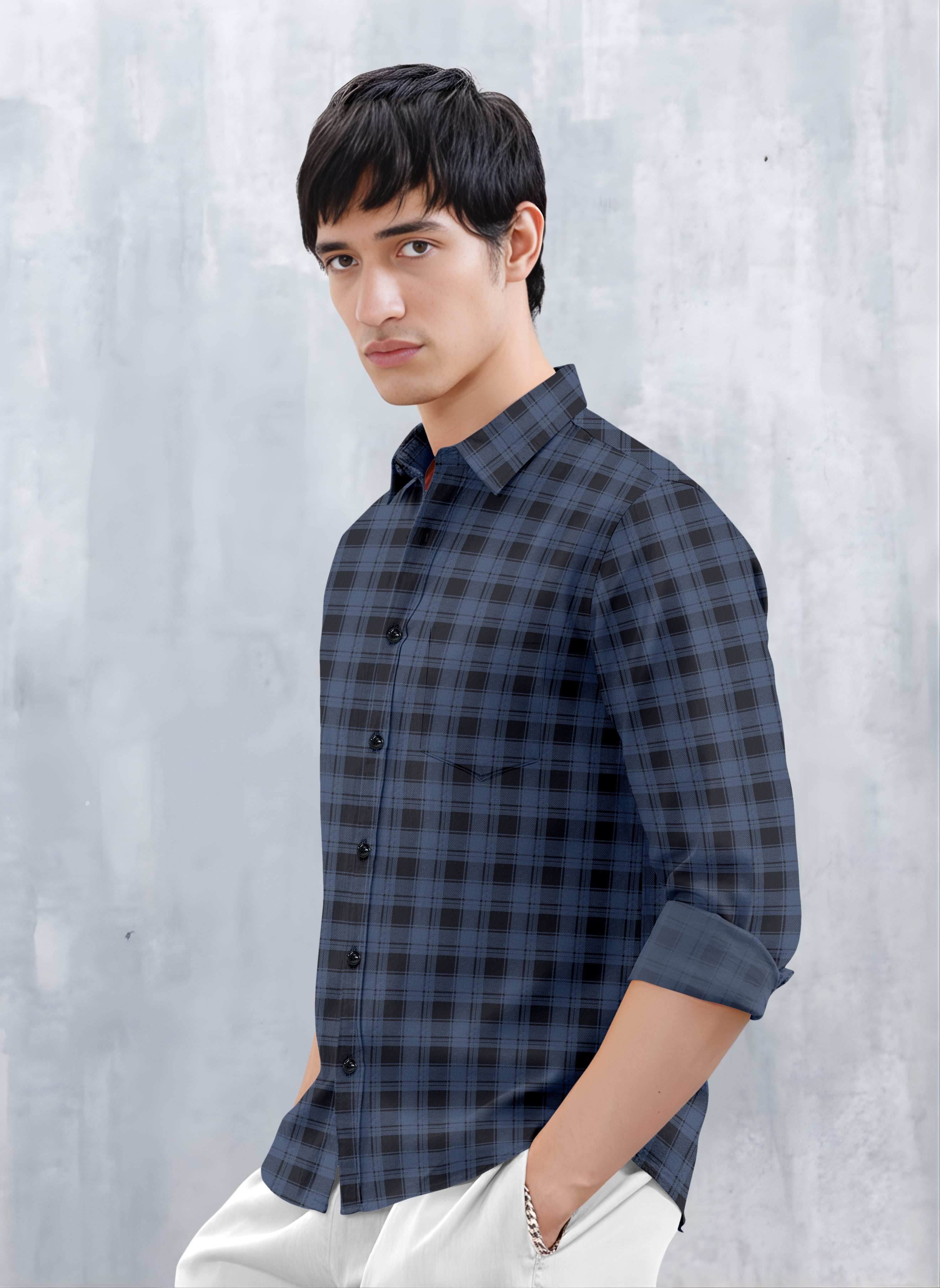 VDLooks Men’s Regular Fit Grey & Black Checked Casual Shirt | Cotton Blend Full Sleeve Shirt