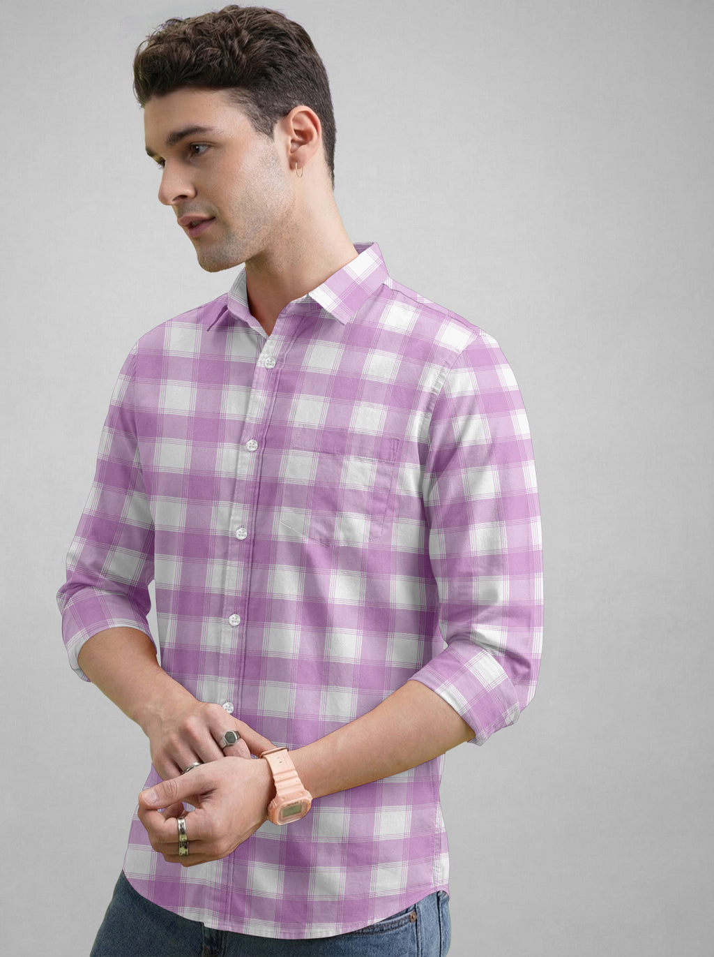 VDLooks Men’s Regular Fit Light Green & White Gingham Check Casual Cotton Blend Shirt