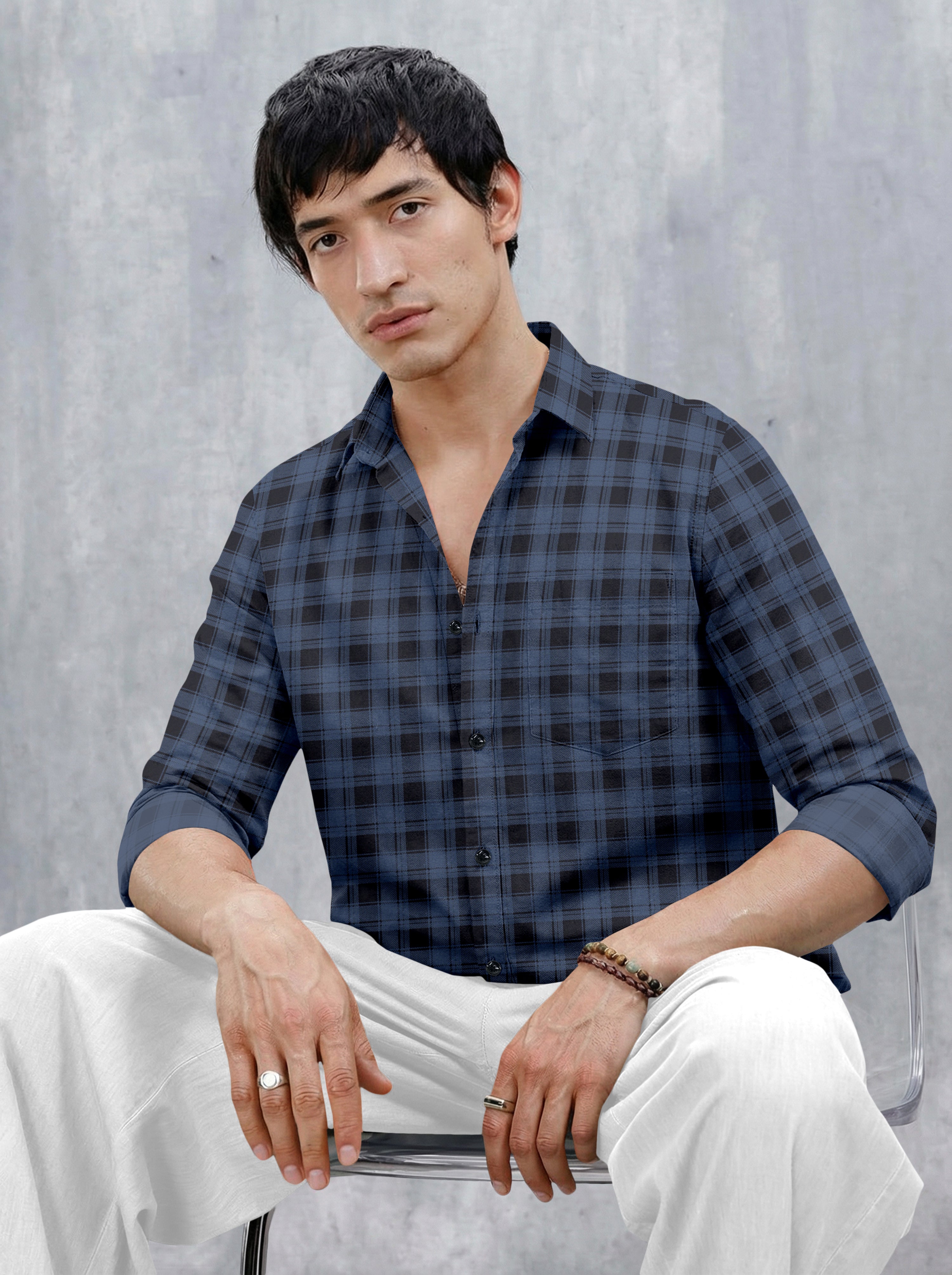 VDLooks Men’s Regular Fit Grey & Black Checked Casual Shirt | Cotton Blend Full Sleeve Shirt